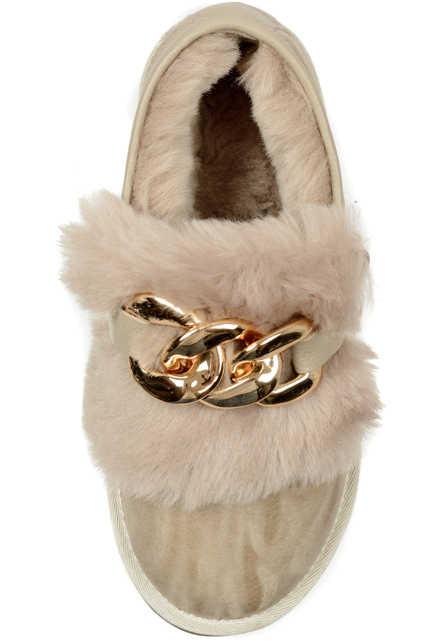 Chain Fur Lined Loafers - Beige