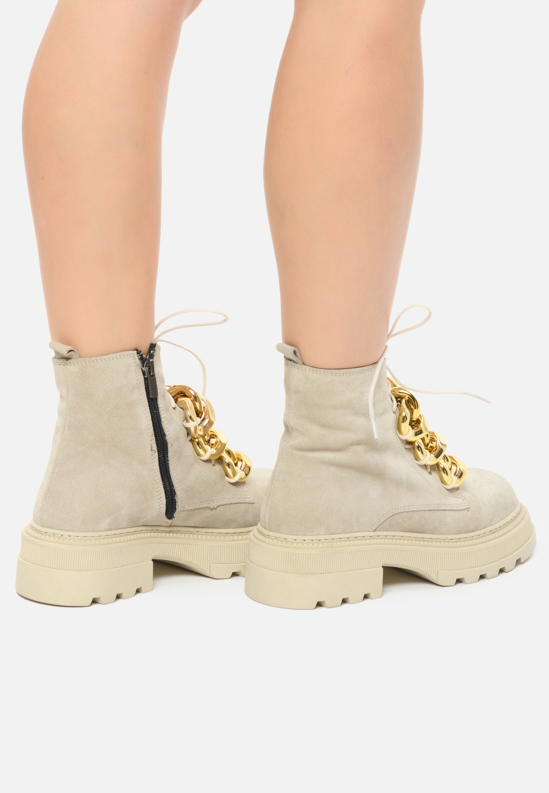 Chain-Embellished Suede Ankle Boots - Beige