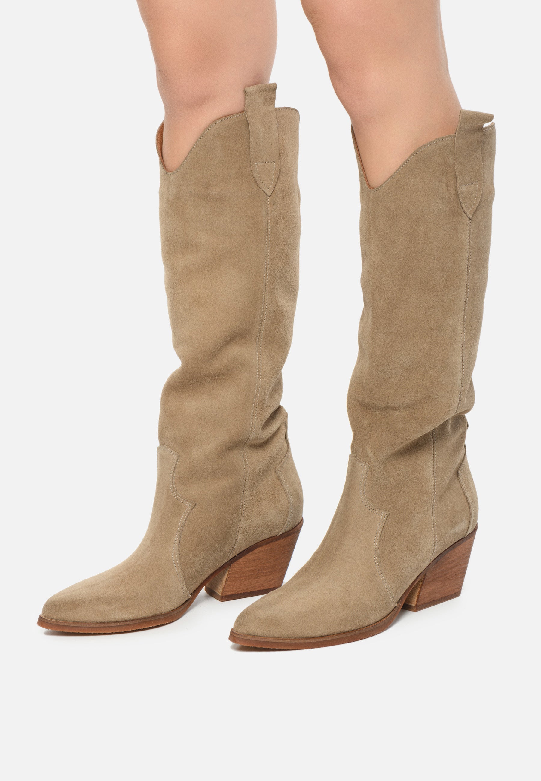 Western Block Heel Boots - Light Brown