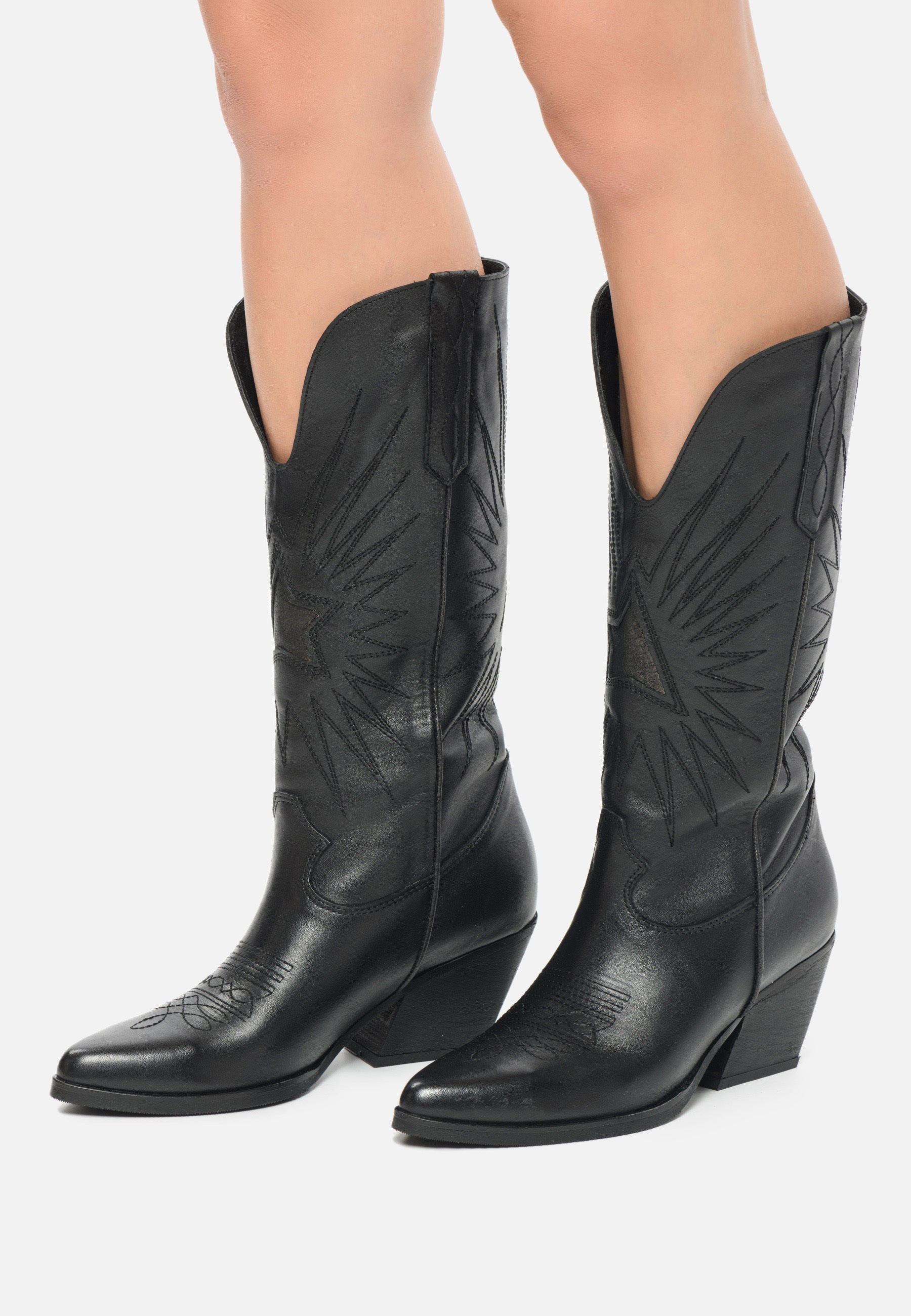 Western Block Heel Boots - Black