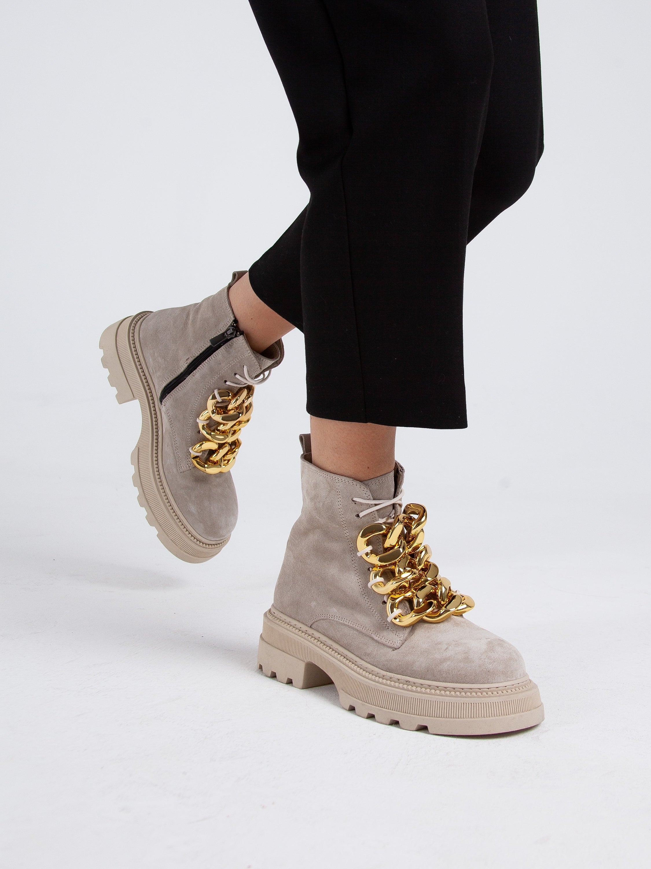 Chain-Embellished Suede Ankle Boots - Beige