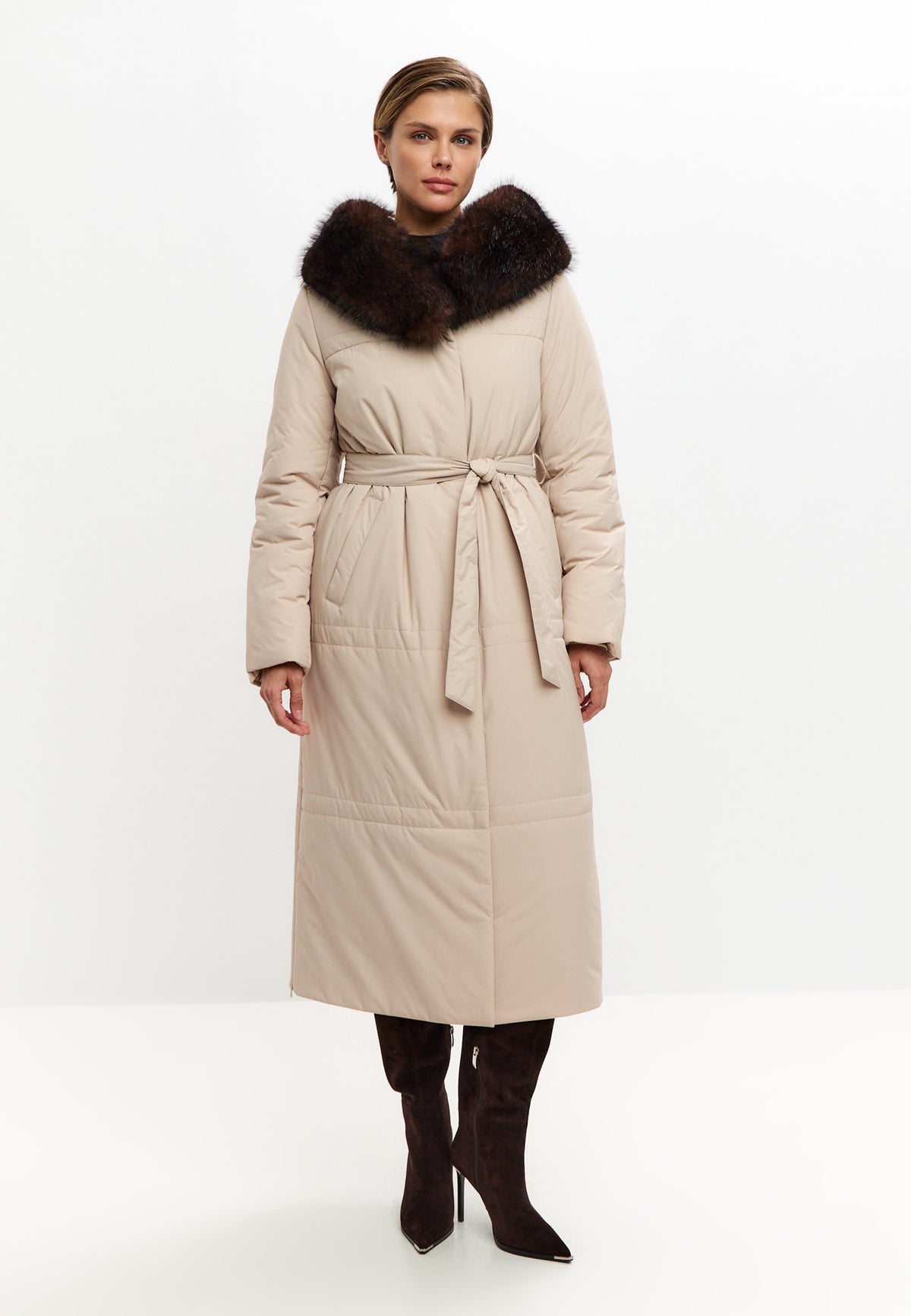 Fur Trim Hooded Puffer Coat - Milky