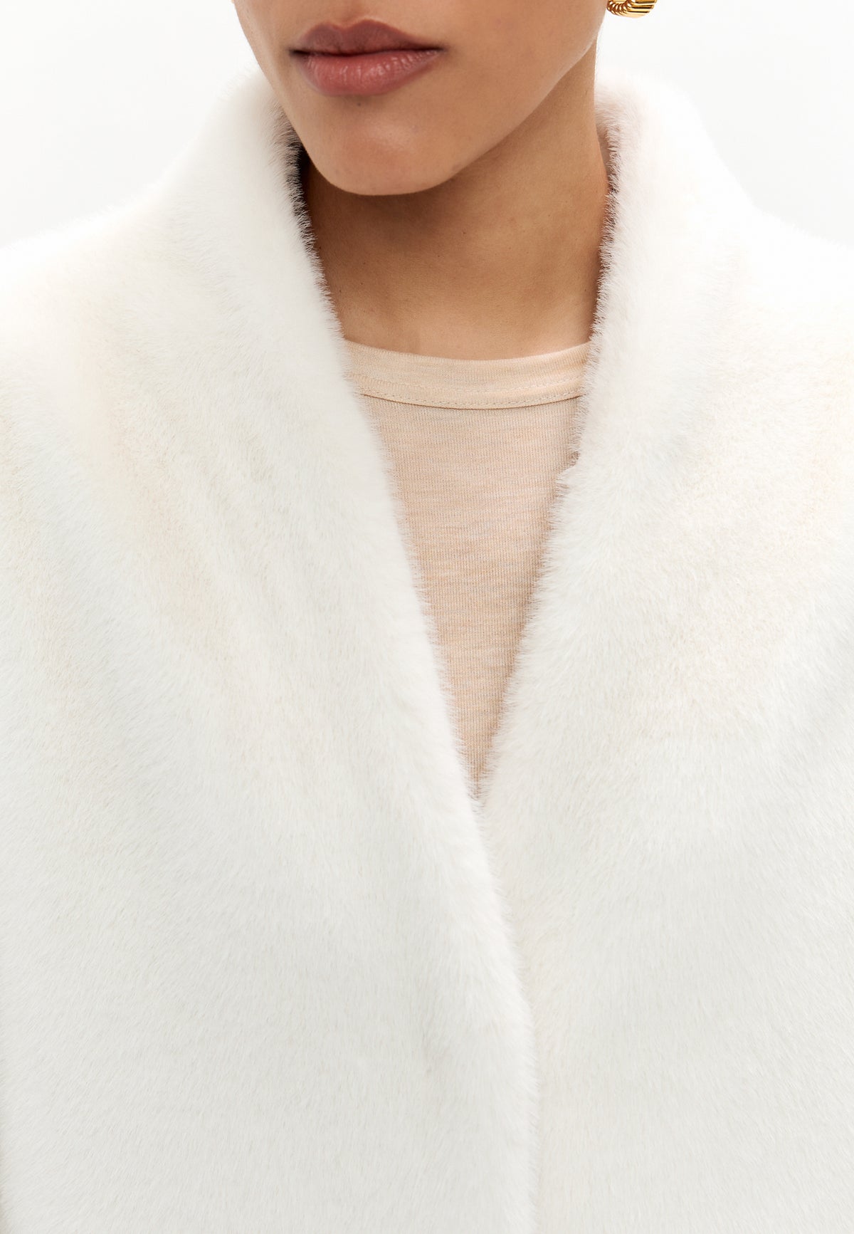 Two-Tone Faux Fur Belted Jacket - White