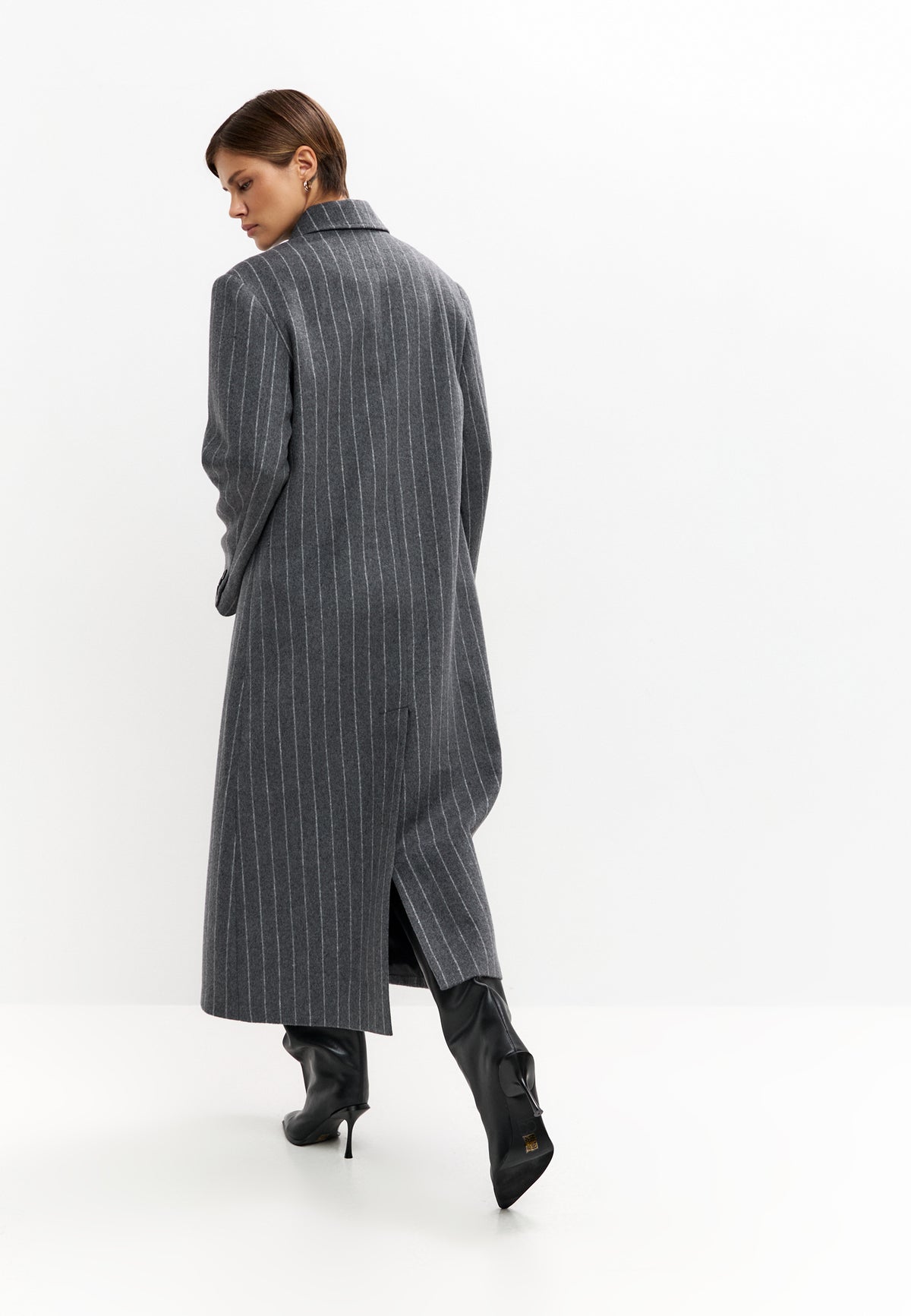 Pinstripe Wool Blend Long Coat