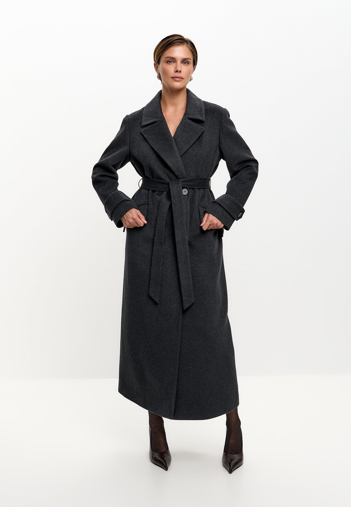 Double Breasted Wool Blend Coat - Graphite