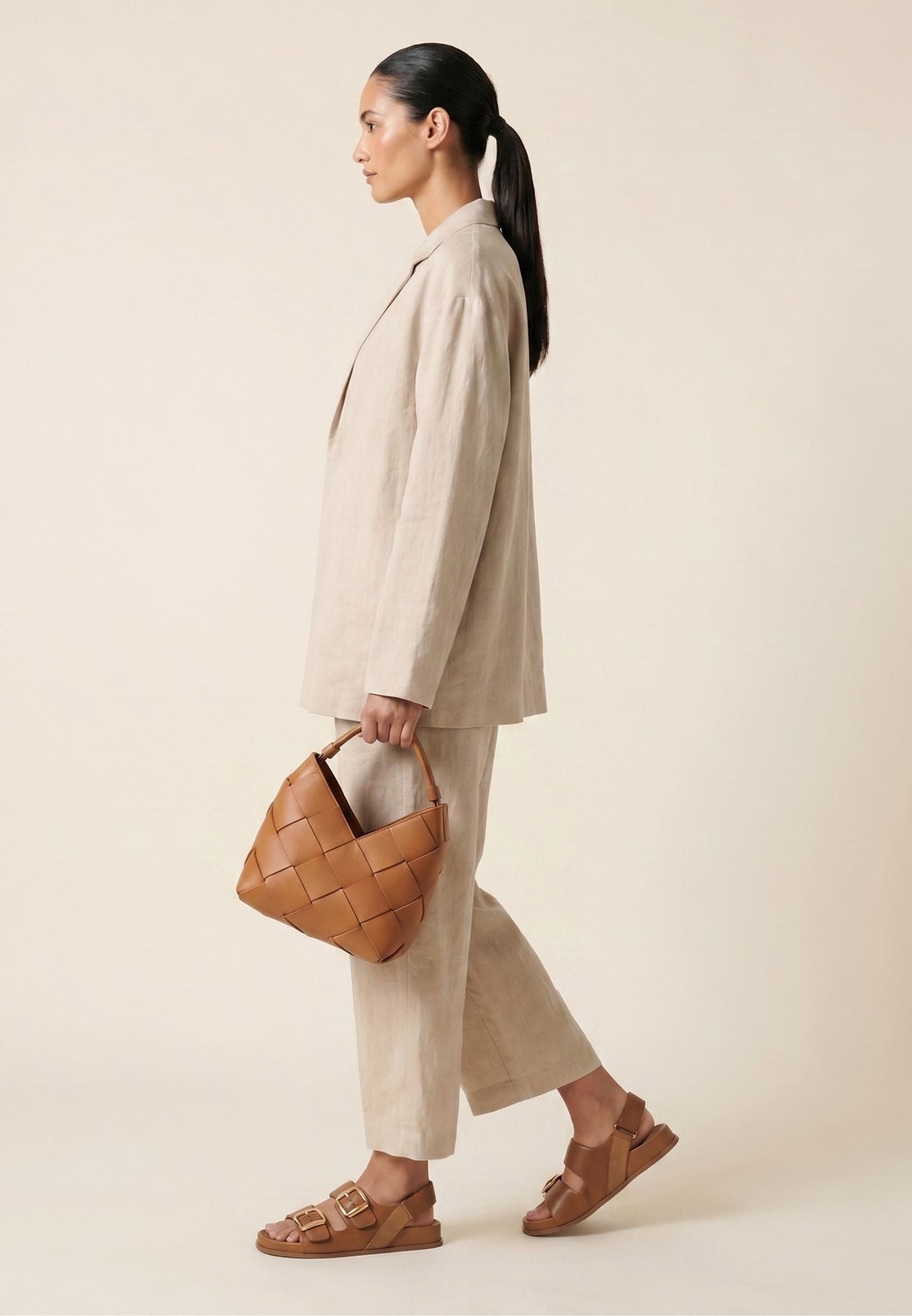 Bold Buckle Wedge Sandals - Beige