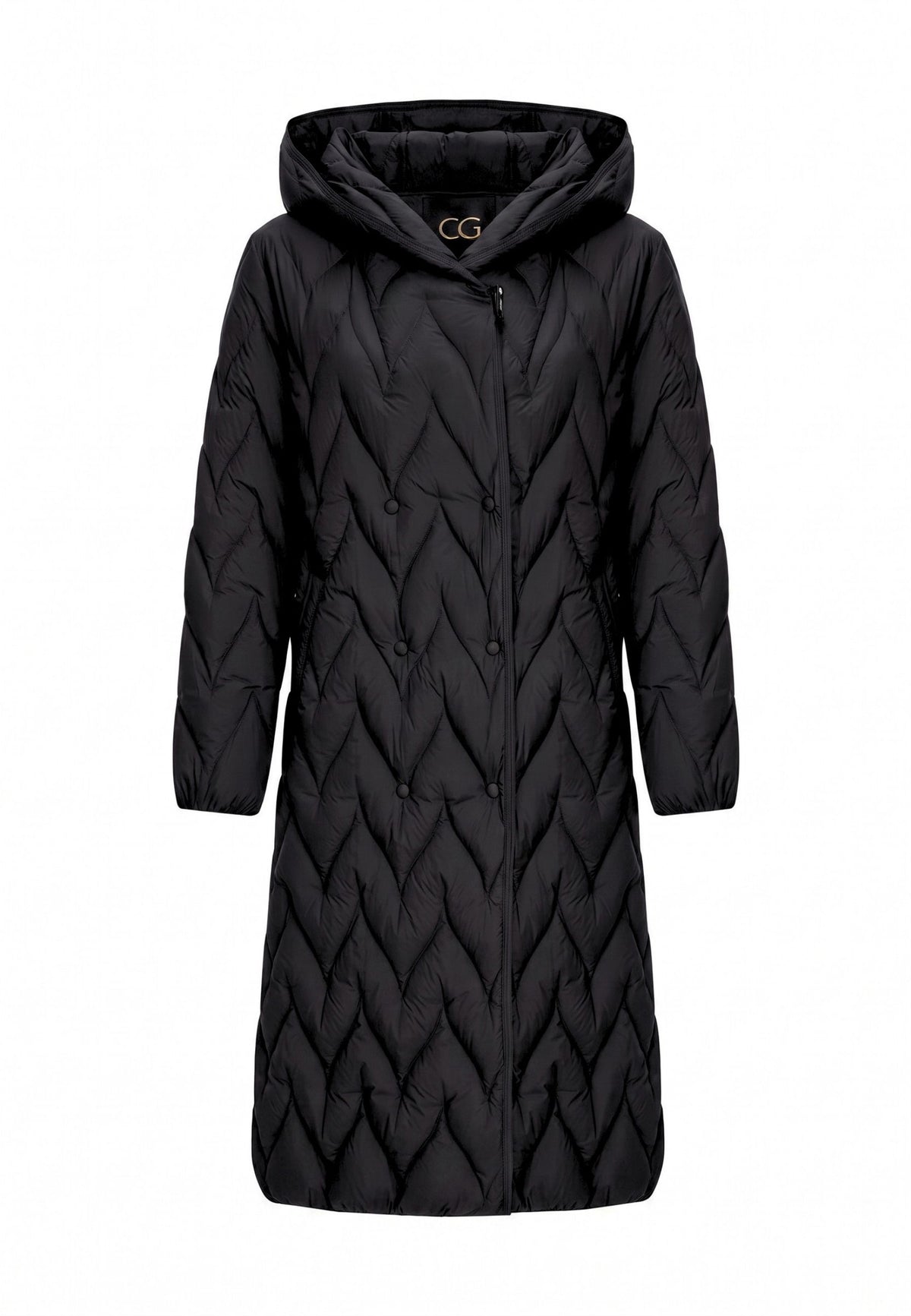 Abrigo largo acolchado con cinturón y diseño chevron – Negro