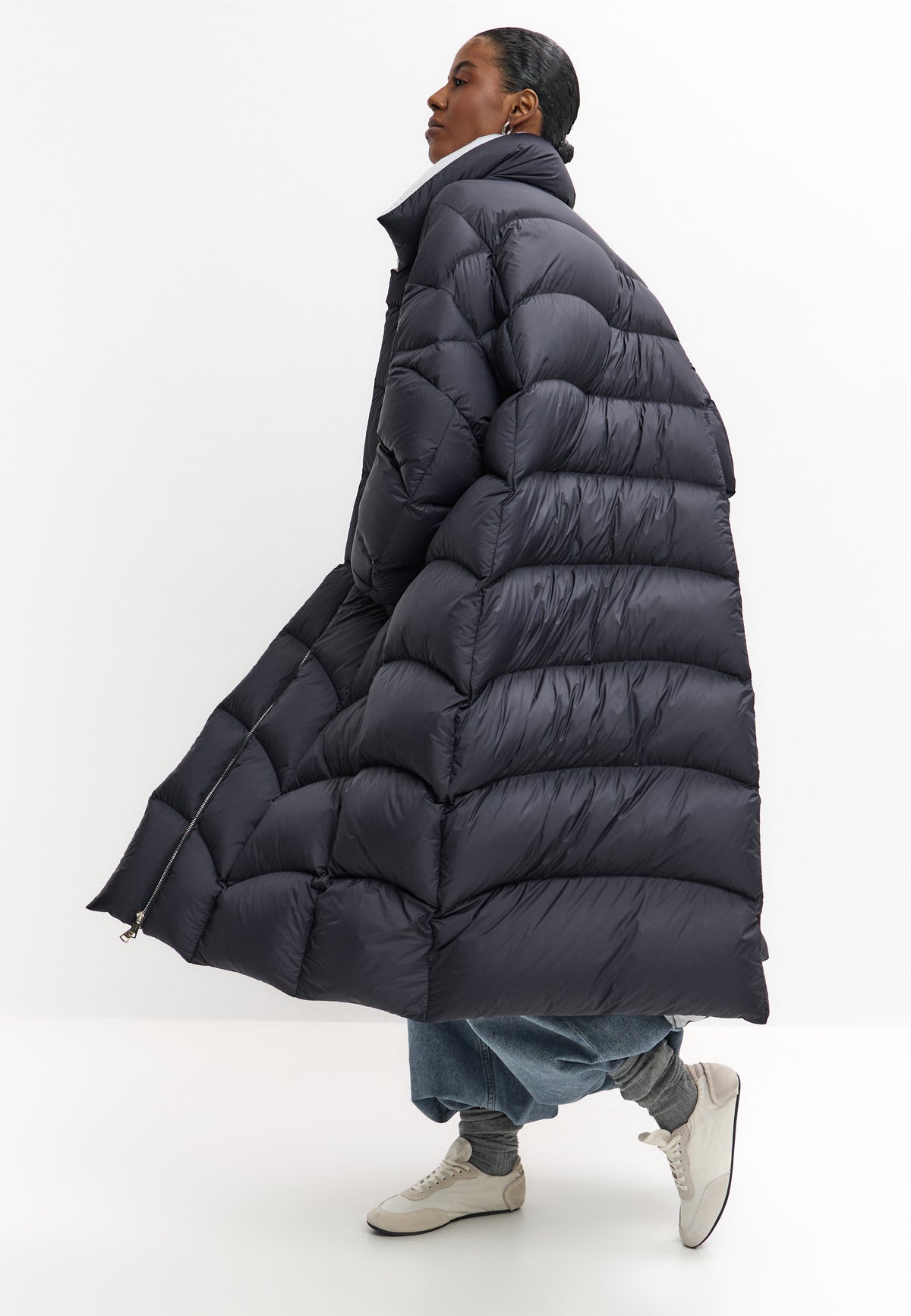 Piumino lungo trapuntato a chevron – Blu