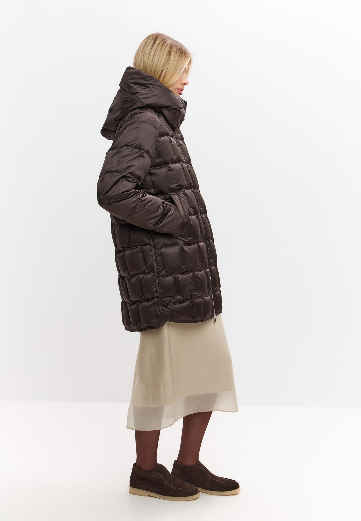 Hooded Mid-Length Down Puffer Coat - Brown