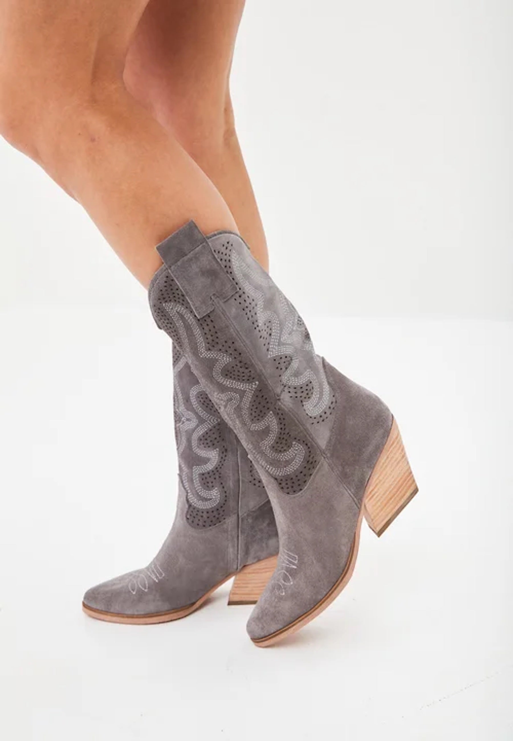 Embroidered Leather Cowboy Boots - Gray