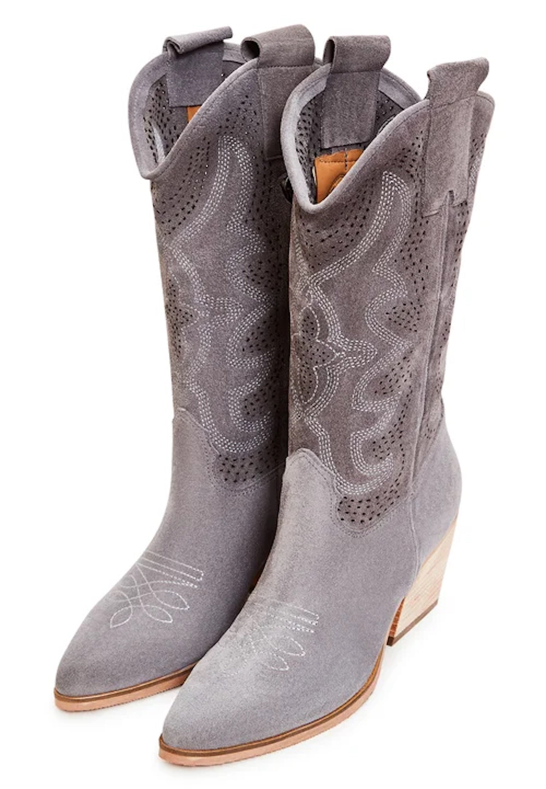 Embroidered Leather Cowboy Boots - Gray