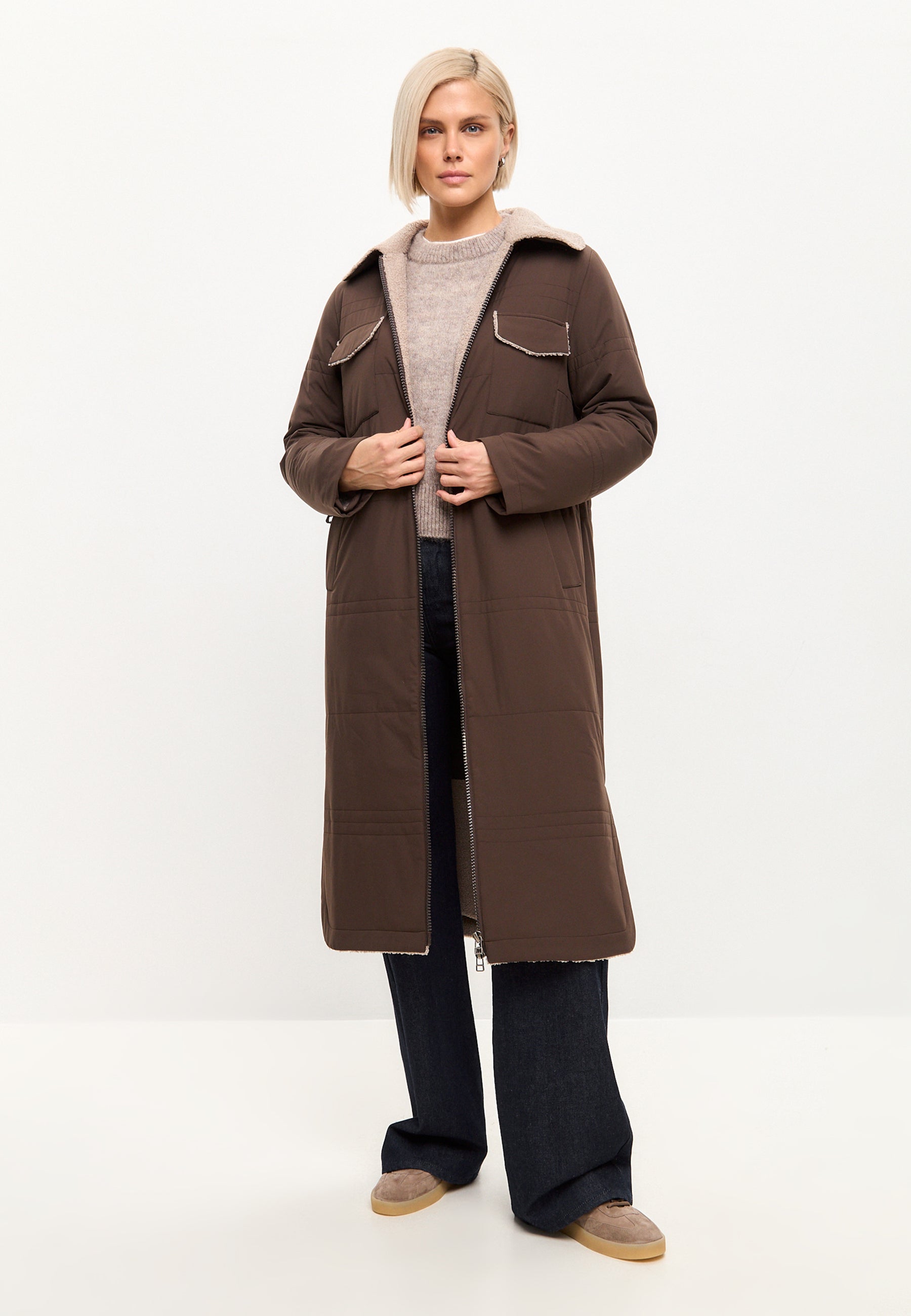 Belted Long Coat with Shearling Collar