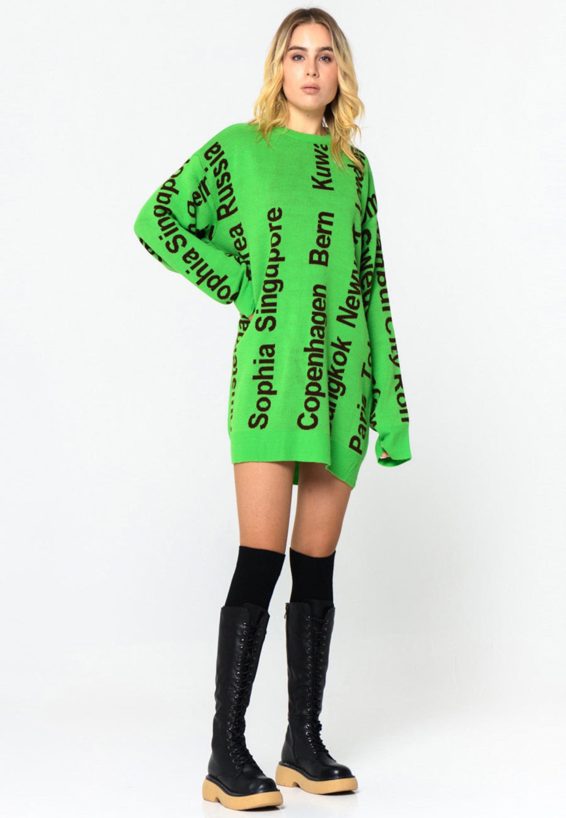 Oversized City Print Knit Sweater - Green