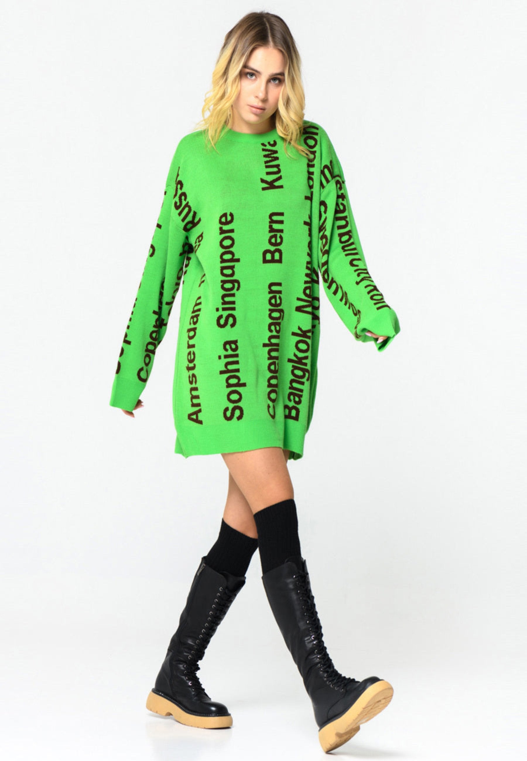 Oversized City Print Knit Sweater - Green