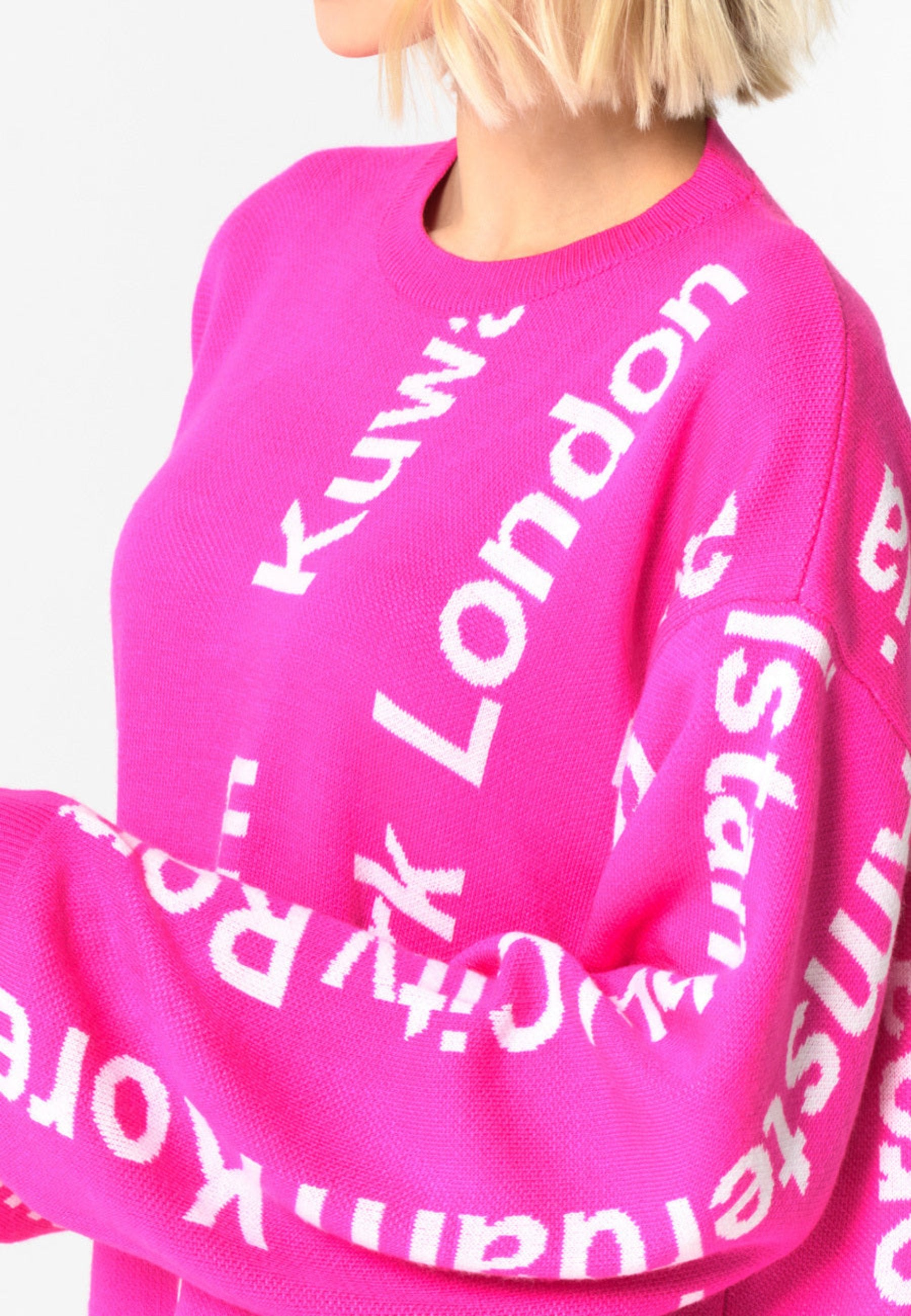 Oversized City Print Knit Sweater - Pink