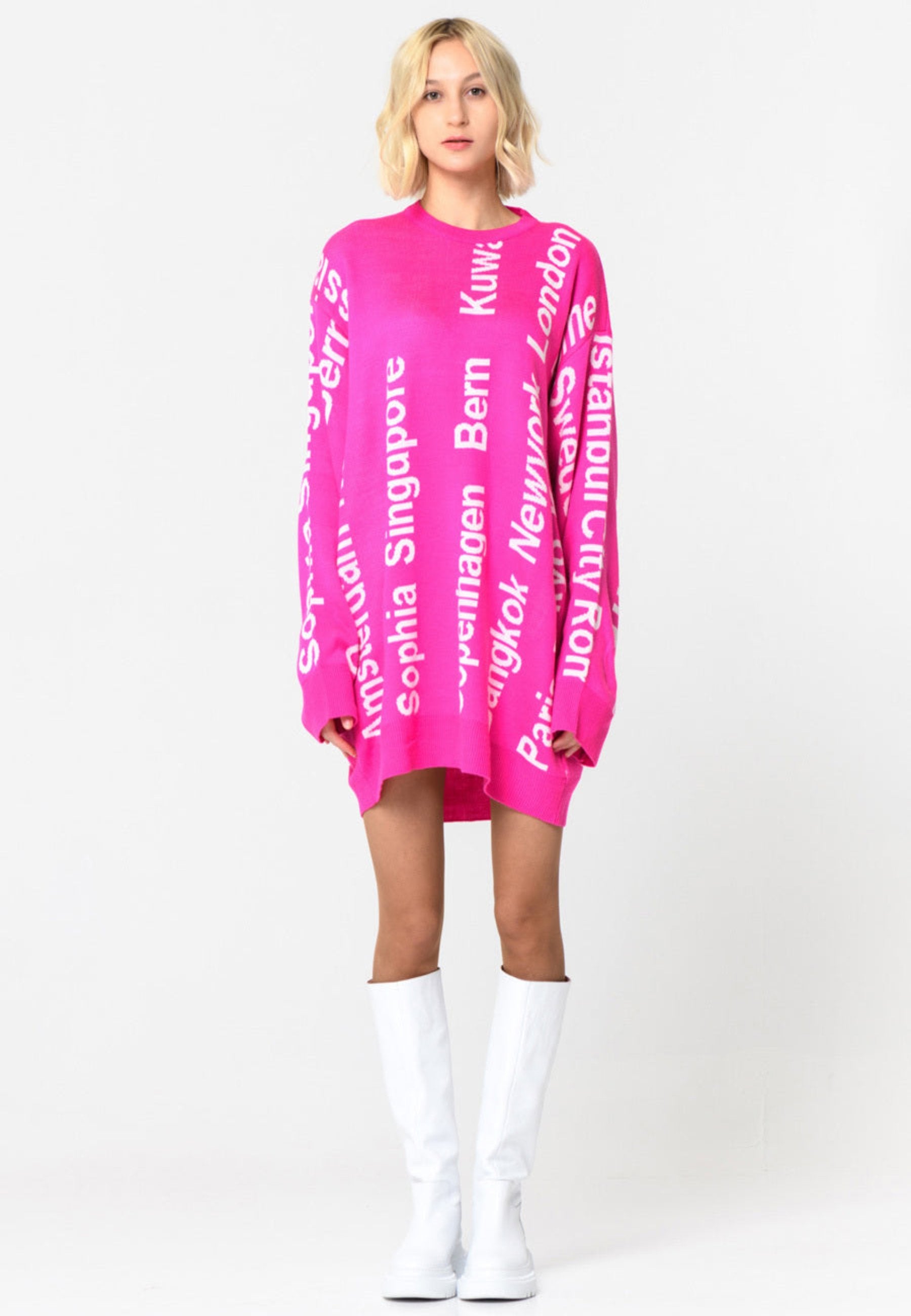 Oversized City Print Knit Sweater - Pink