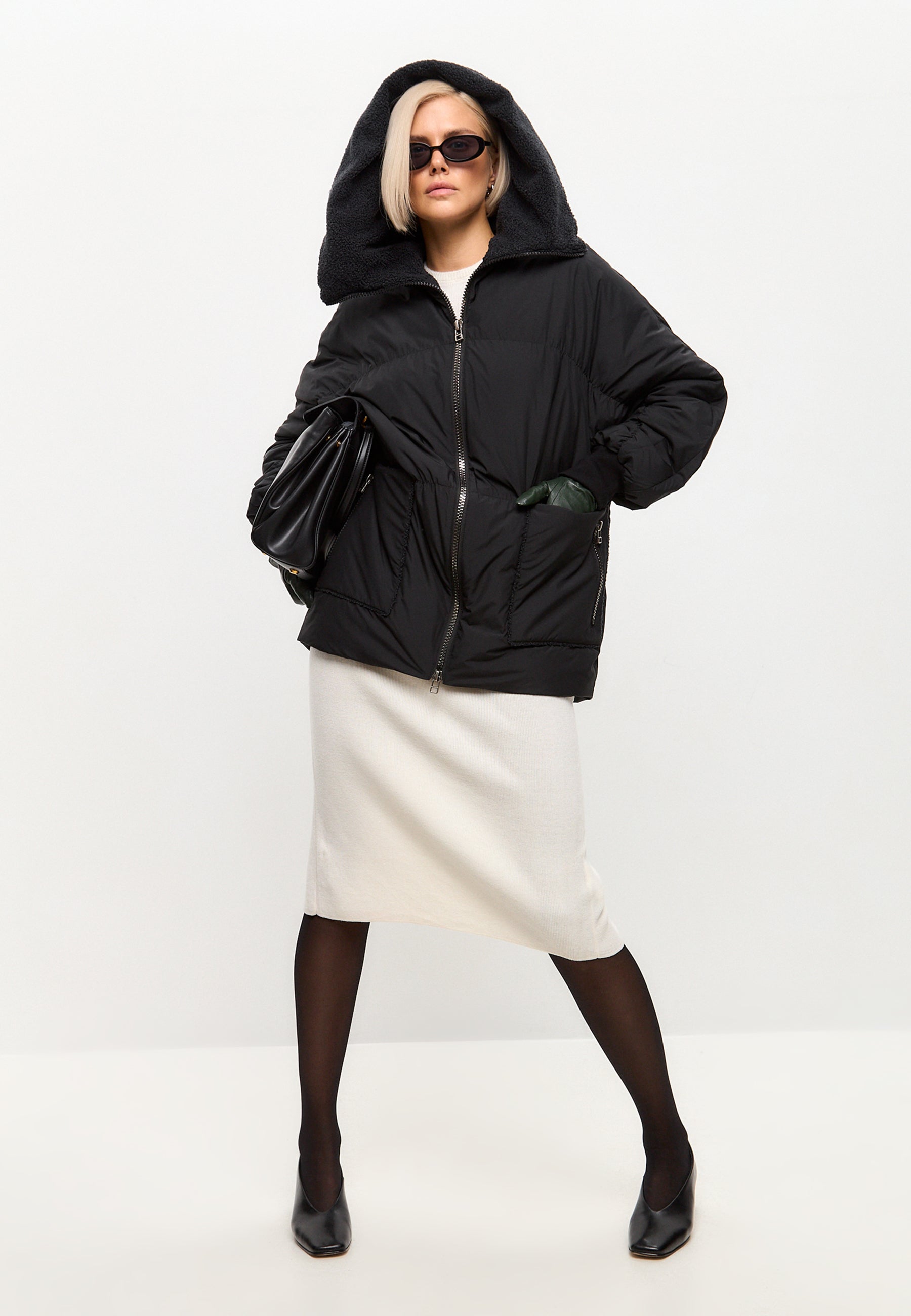 Shearling-Collar Puffer Jacket - Black