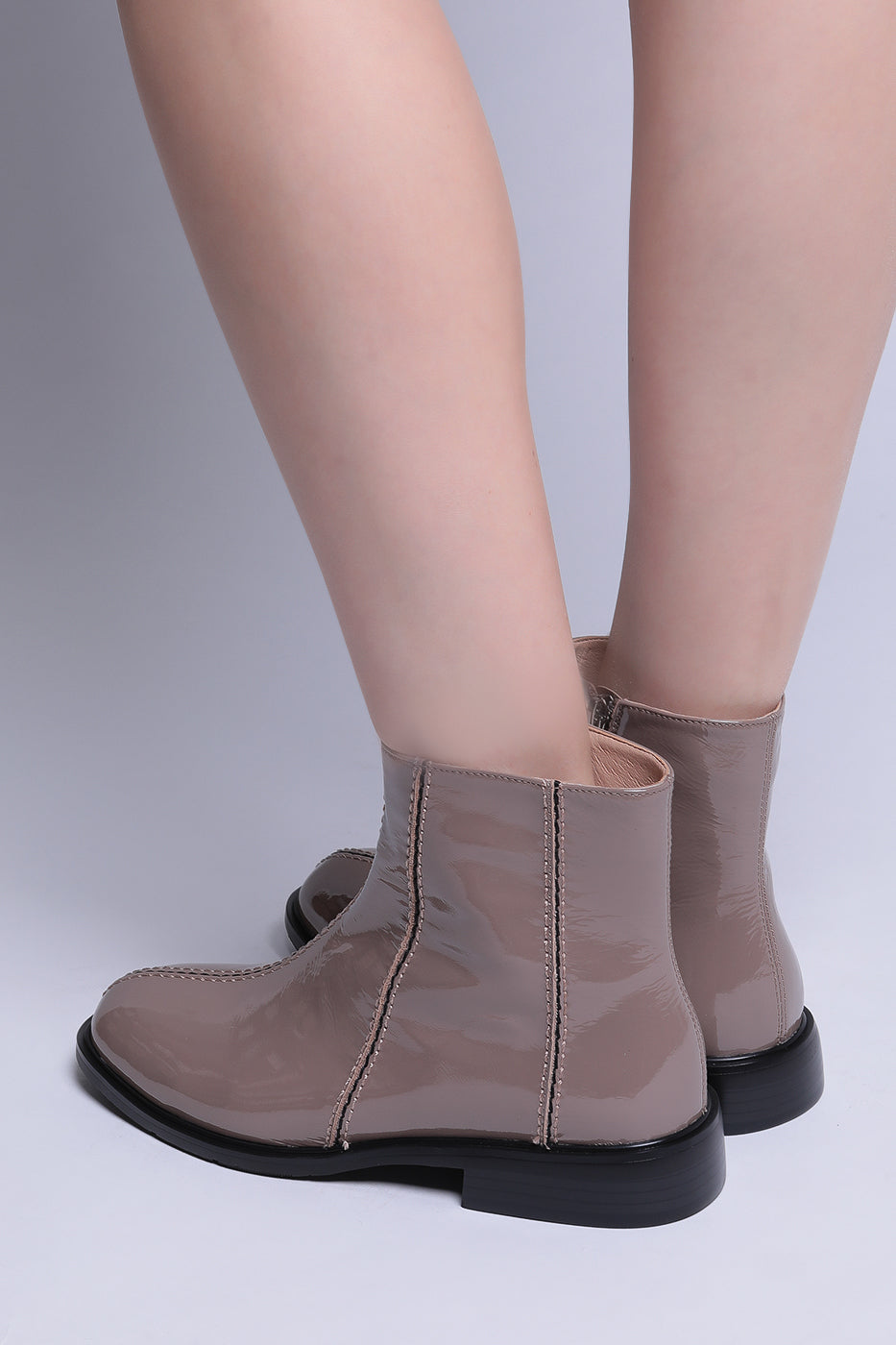 Glossy Zip-Up Ankle Boots Brie - Beige