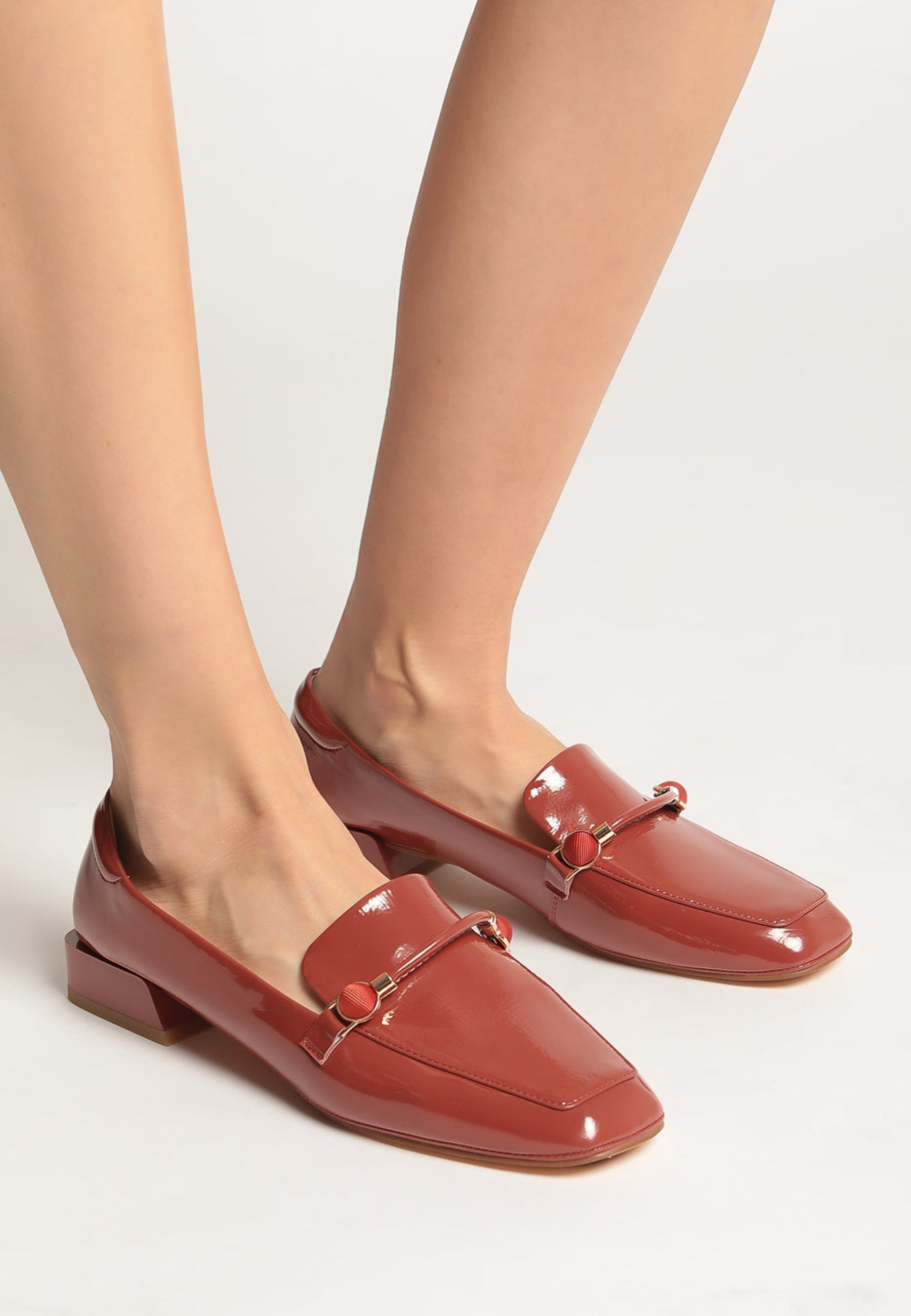 Patent Leather Loafers with Metallic Accents - Orange