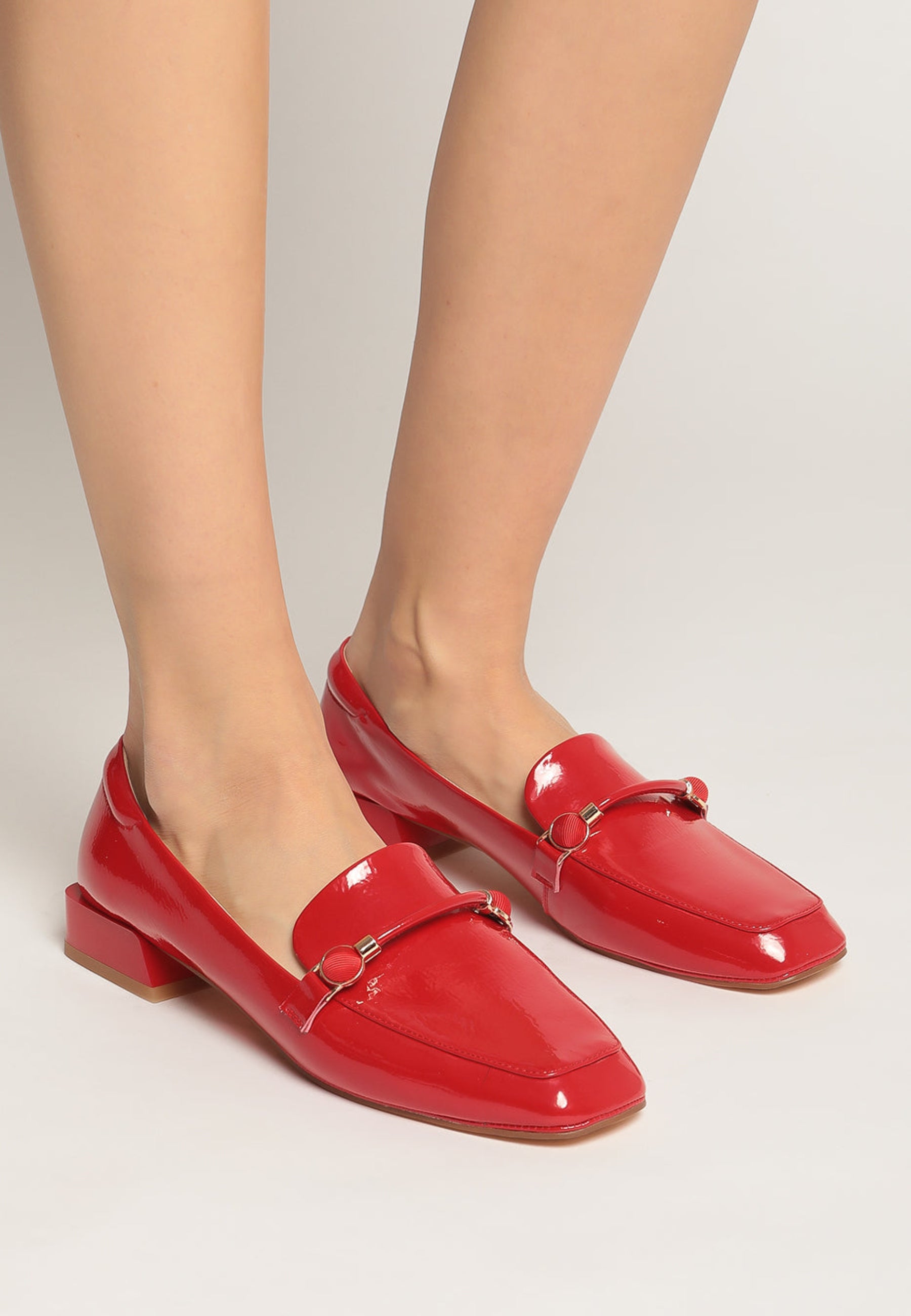 Patent Leather Loafers with Metallic Accents - Red