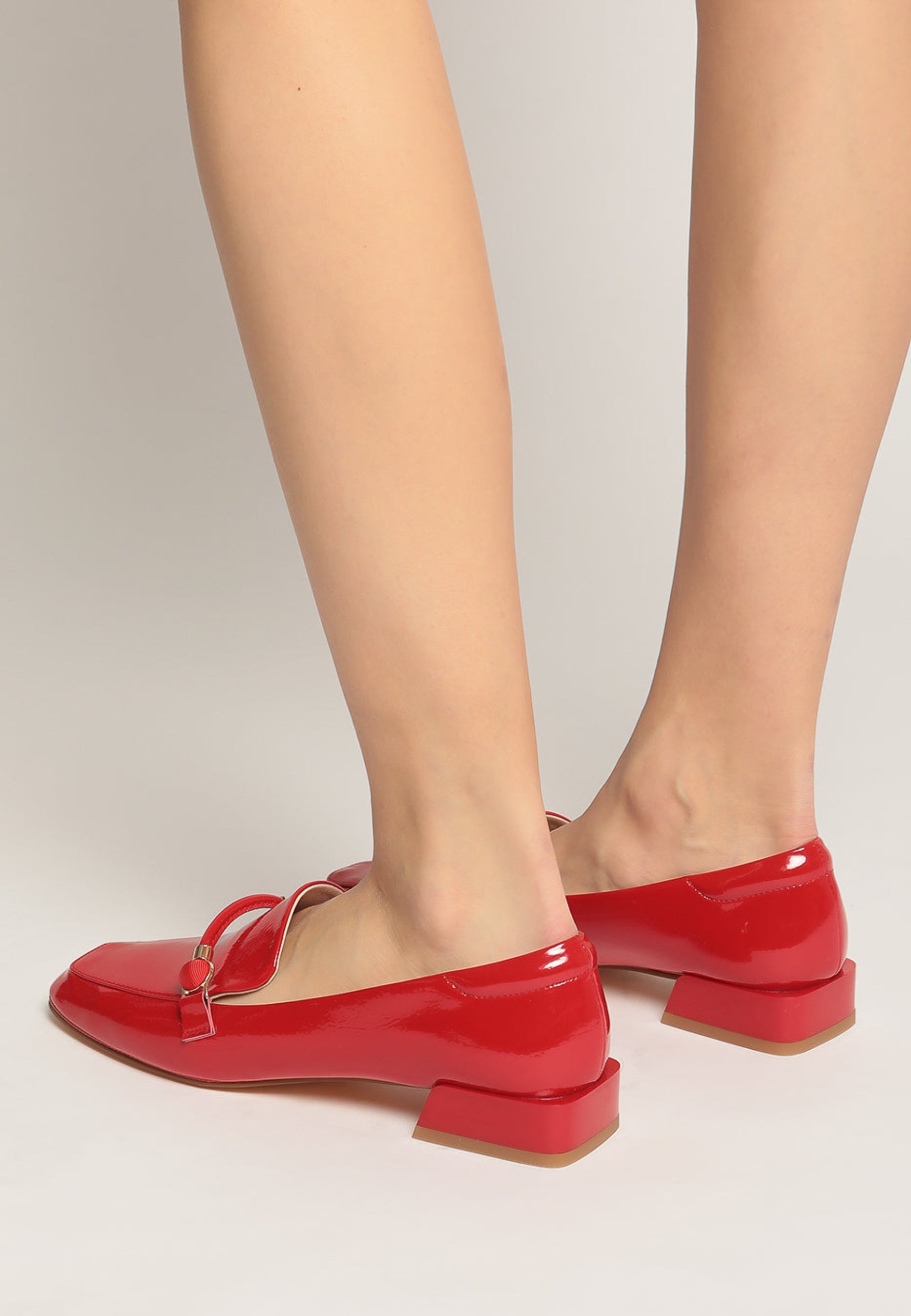 Patent Leather Loafers with Metallic Accents - Red