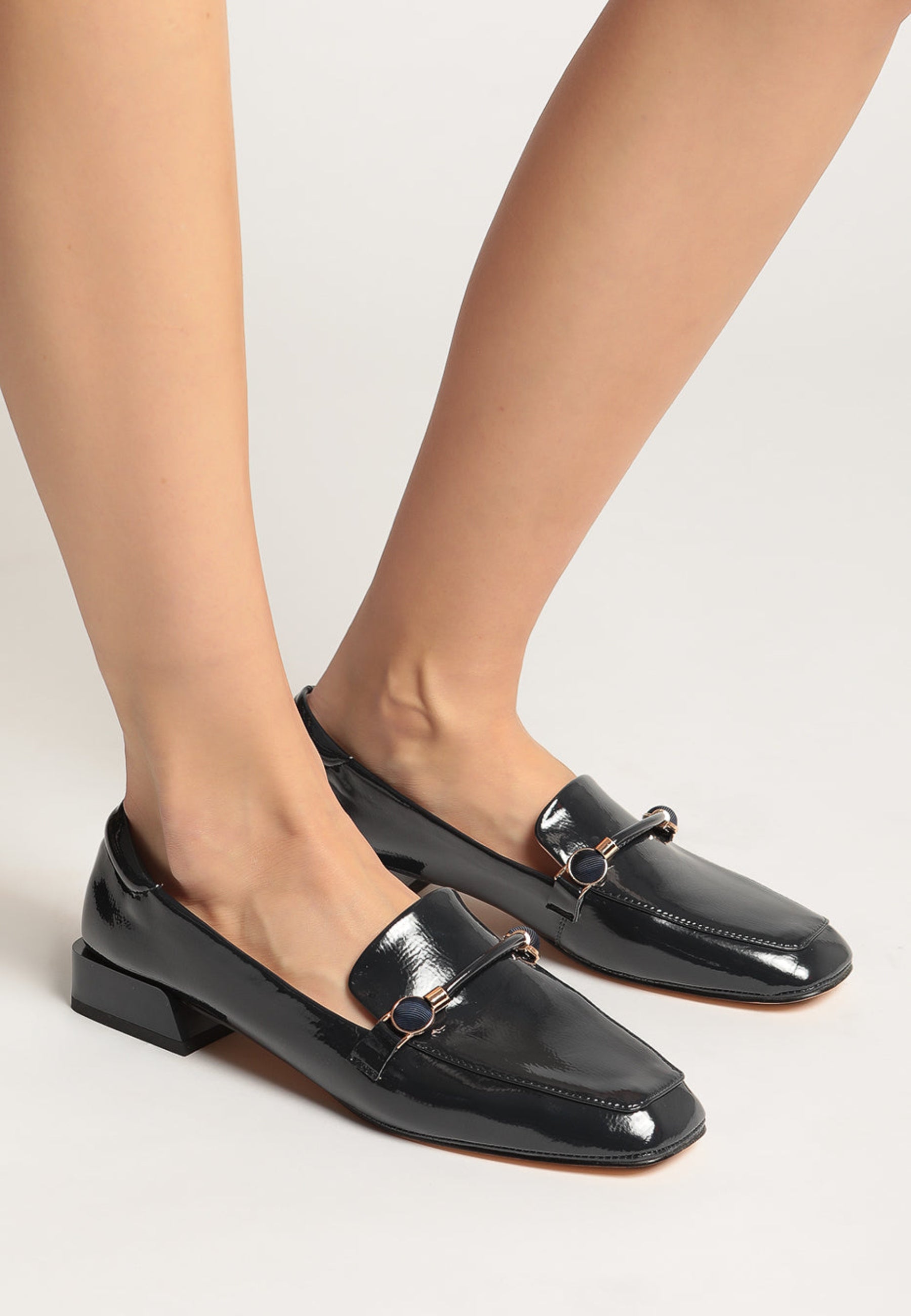 Patent Leather Loafers with Metallic Accents - Black