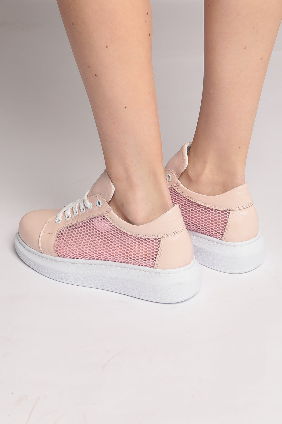 Mesh Panel Lace-Up Sneakers - Pink