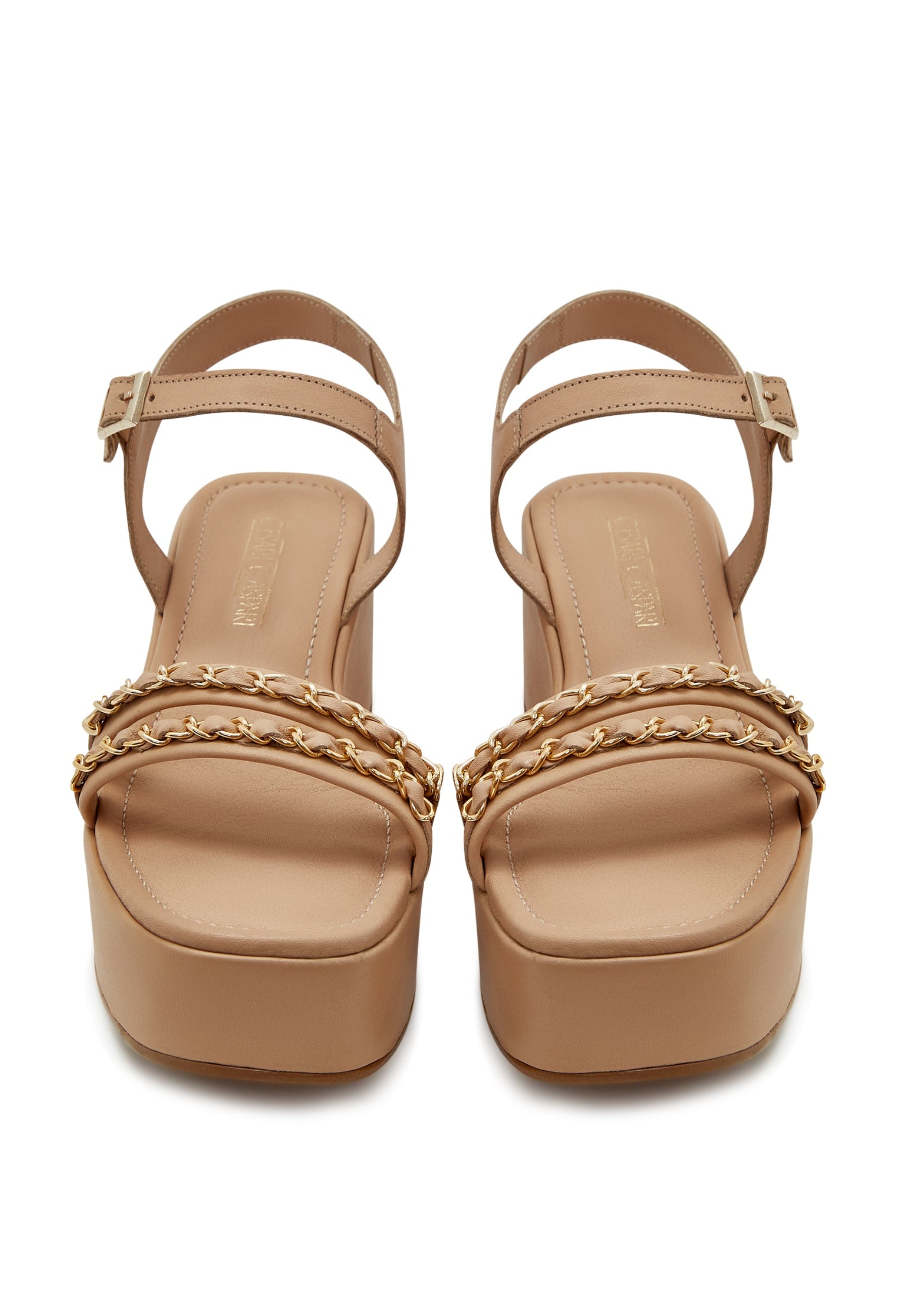 Platform Sandals with Gold Chain Accents - Beige