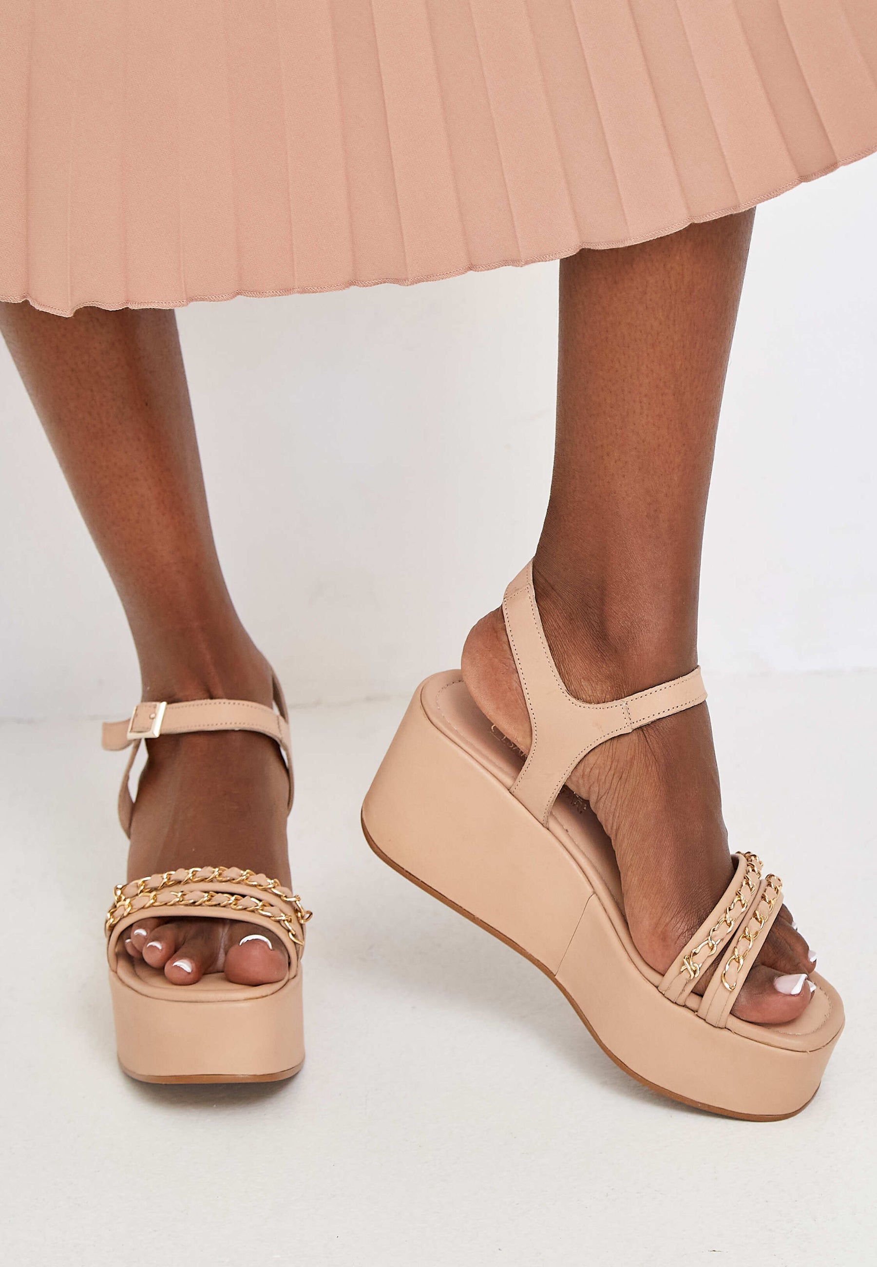 Platform Sandals with Gold Chain Accents - Beige