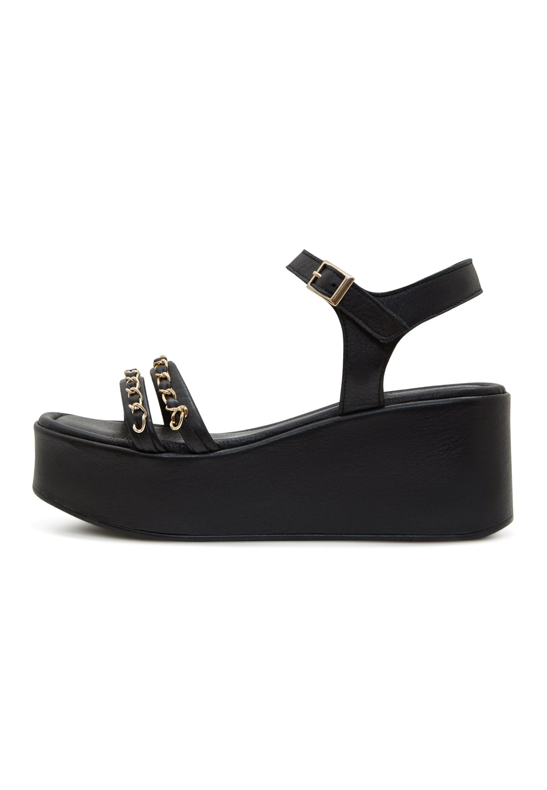 Platform Sandals with Gold Chain Accents - Black