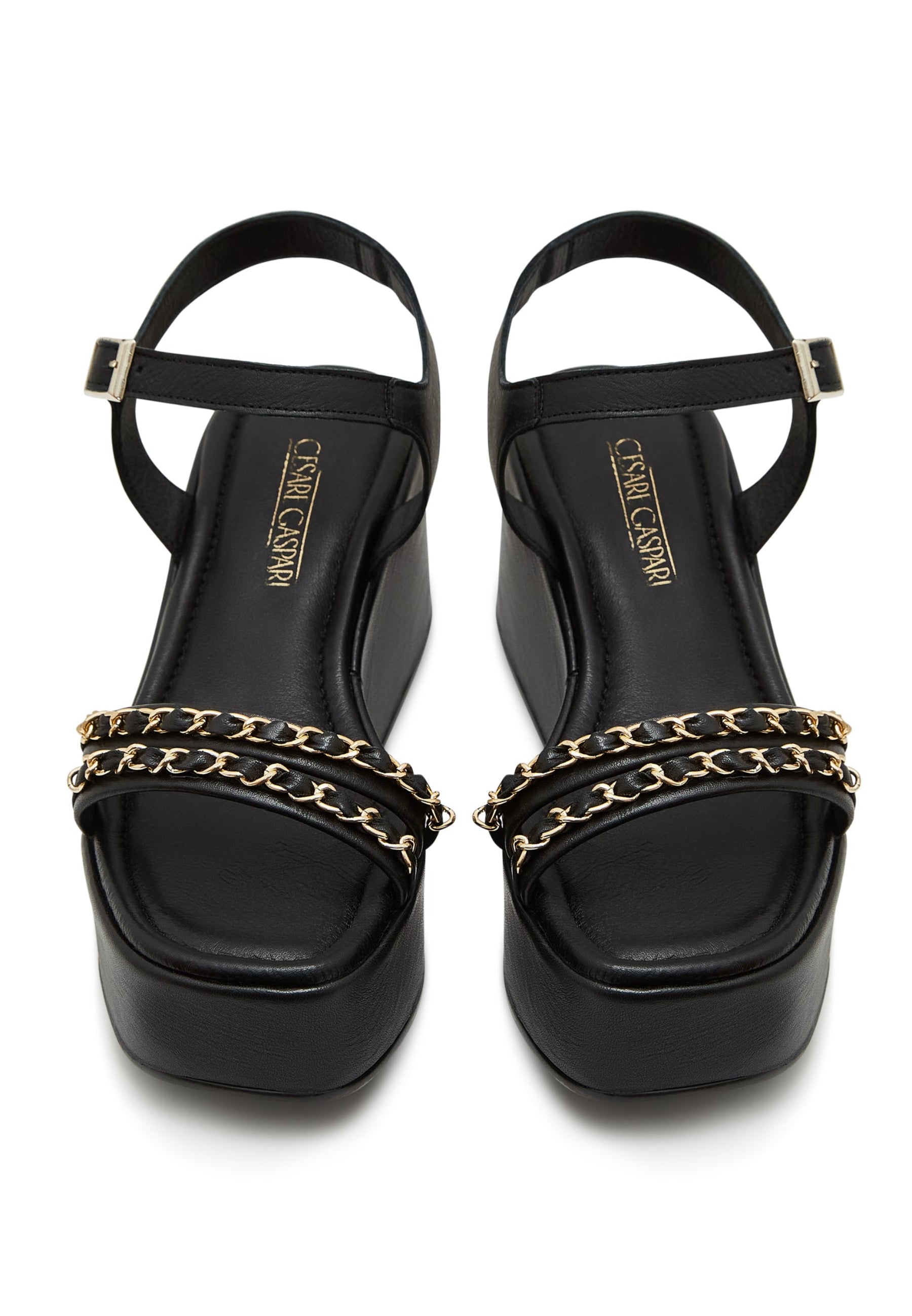 Platform Sandals with Gold Chain Accents - Black