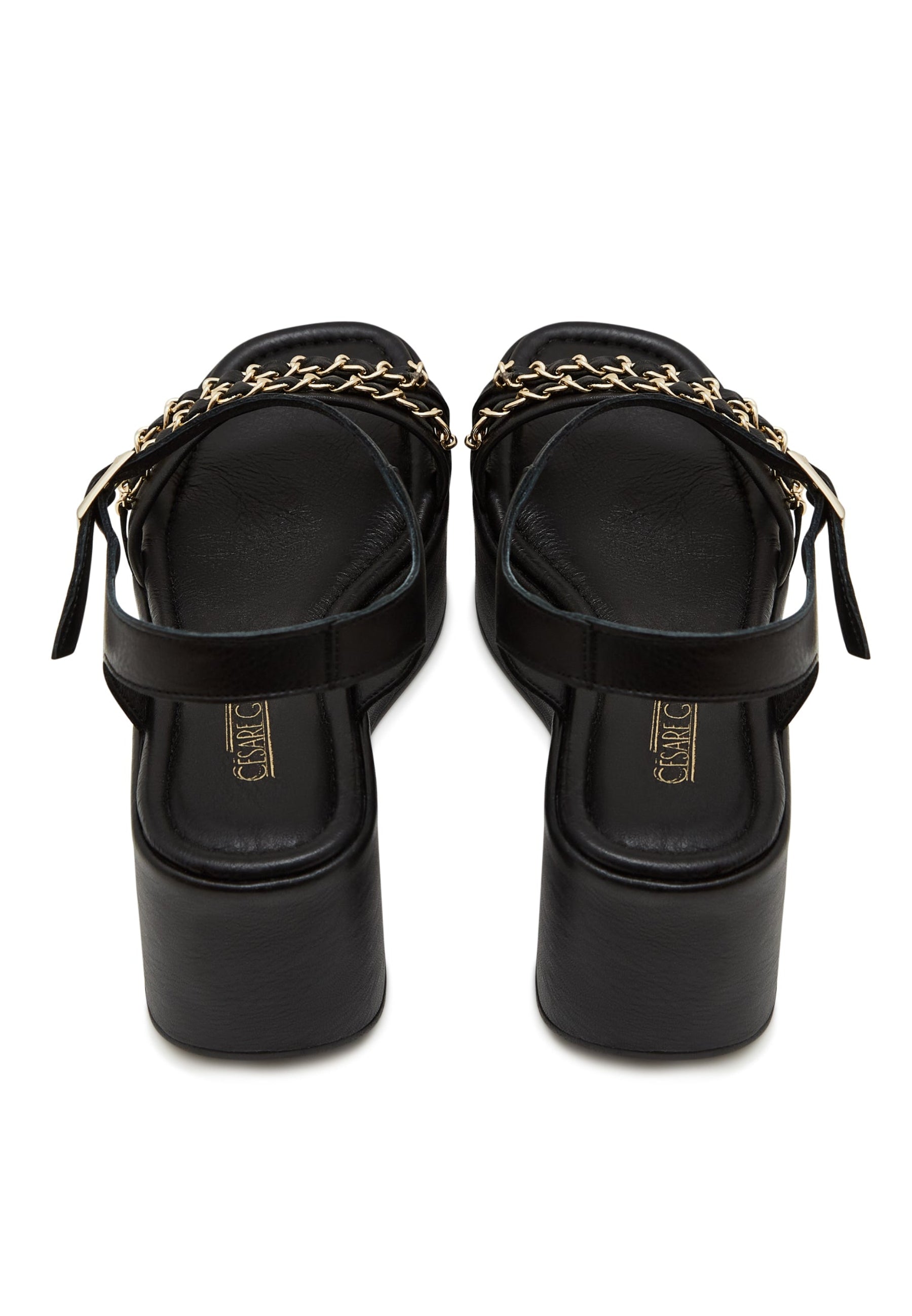 Platform Sandals with Gold Chain Accents - Black