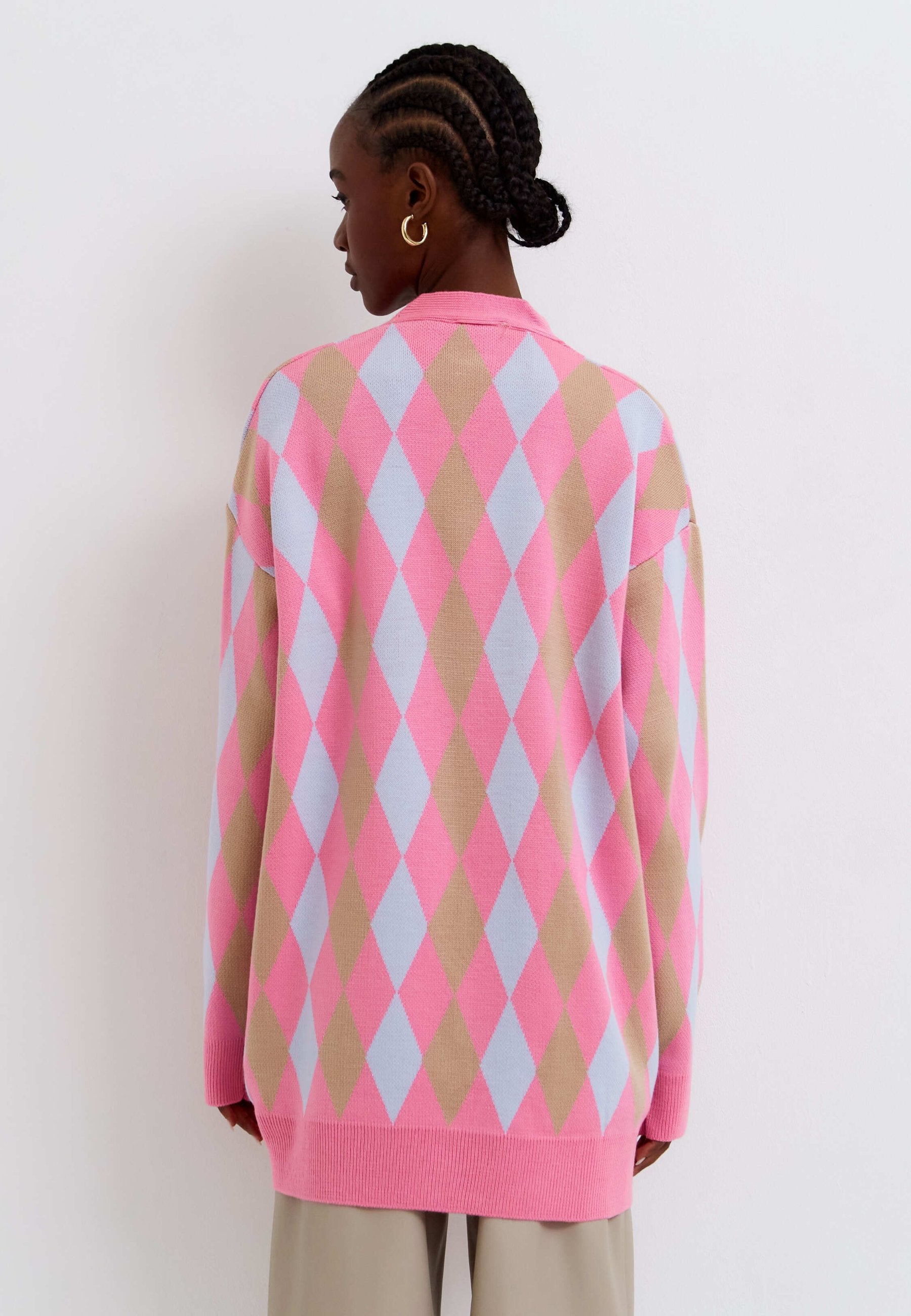 Multicoloured Button-Up Cardigan - Pink