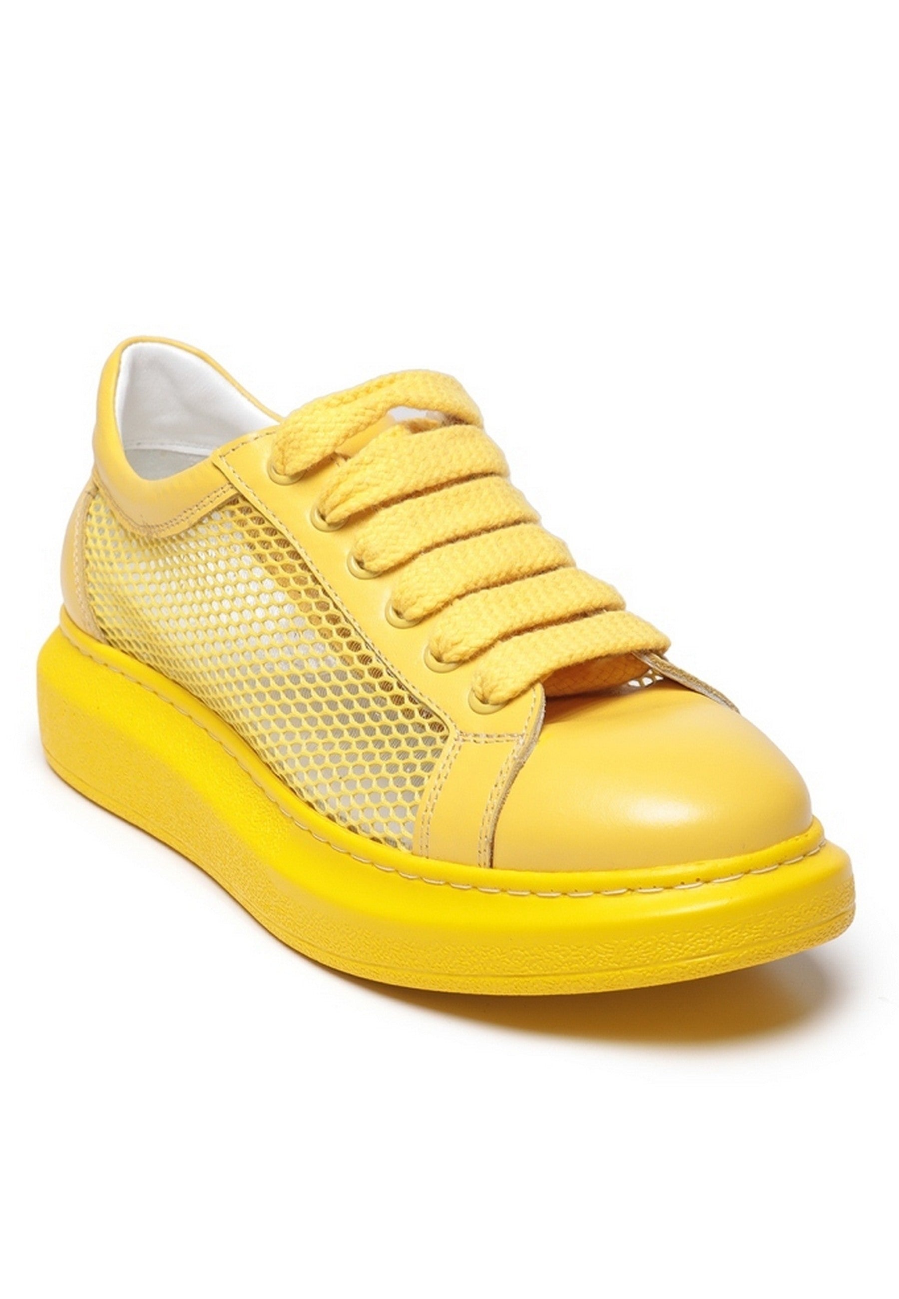 Mesh Panel Lace-Up Sneakers - Yellow