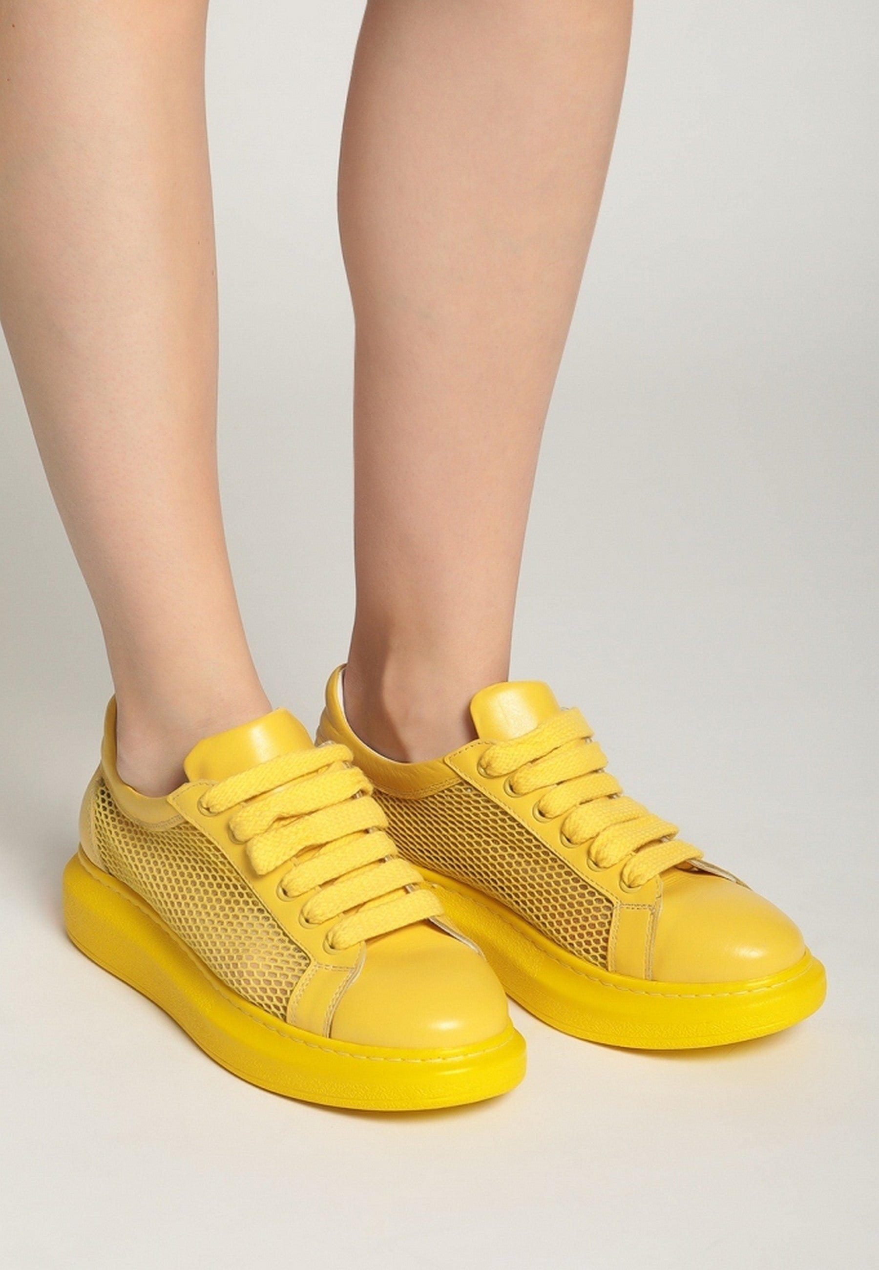 Mesh Panel Lace-Up Sneakers - Yellow