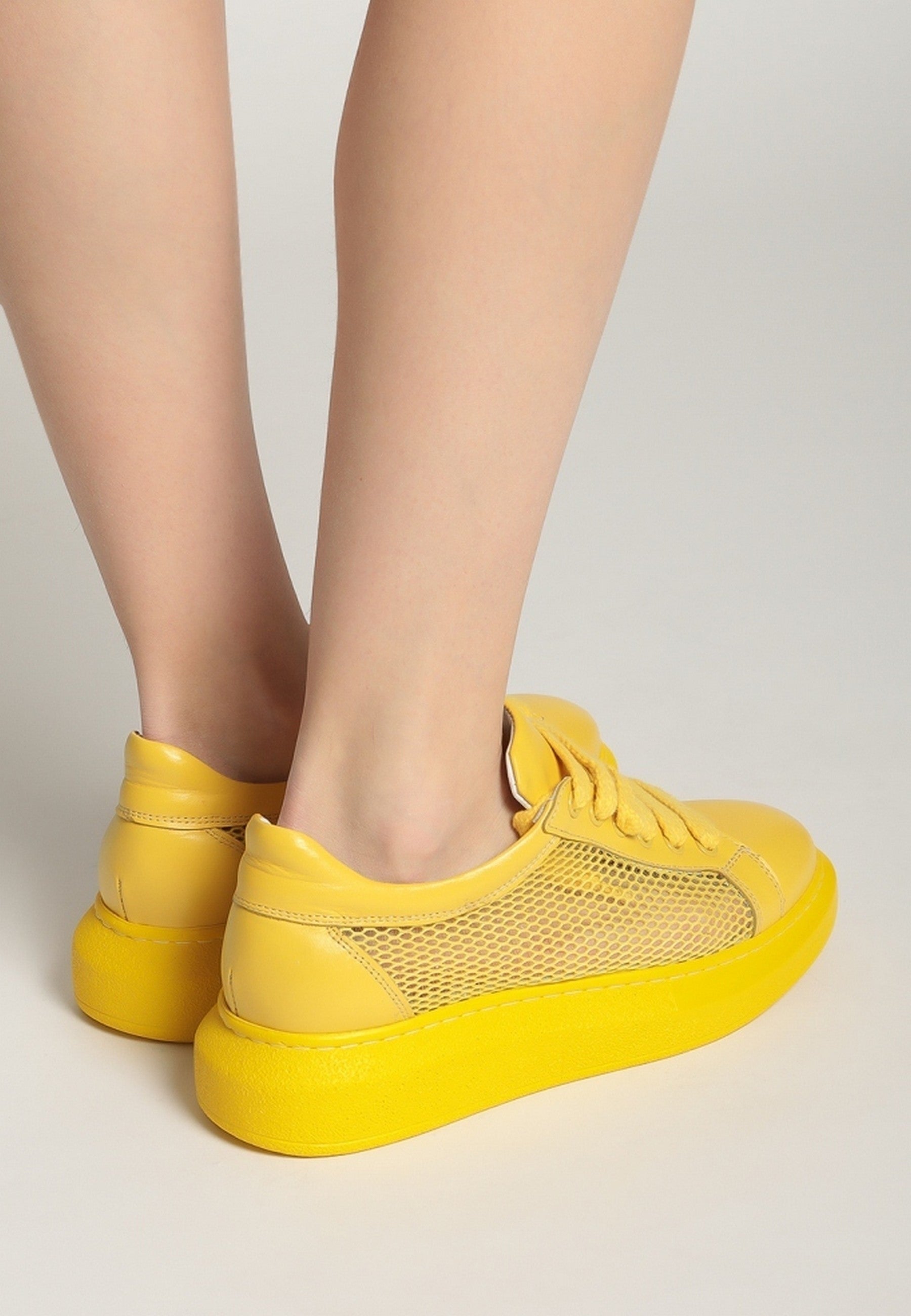 Mesh Panel Lace-Up Sneakers - Yellow