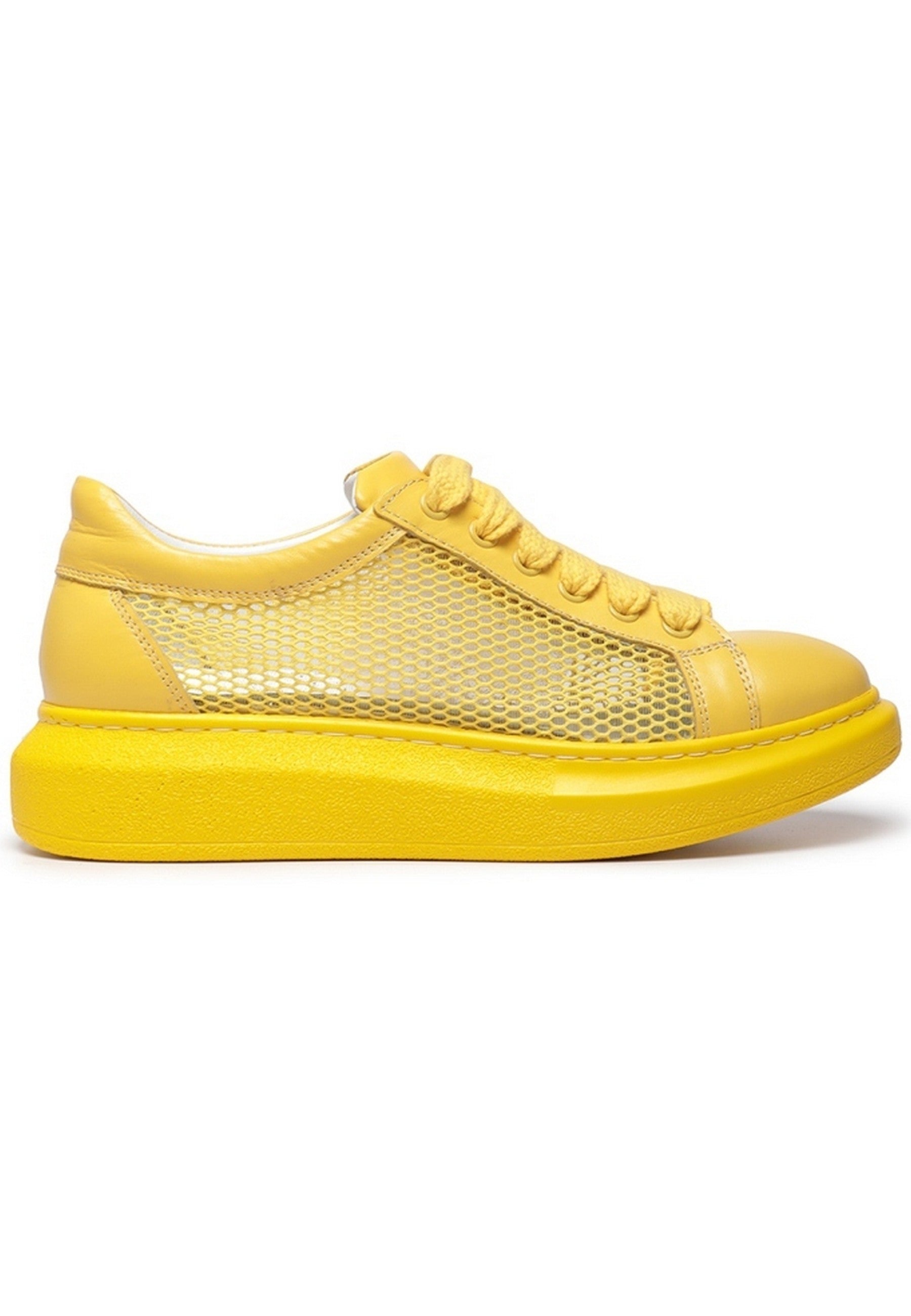 Mesh Panel Lace-Up Sneakers - Yellow