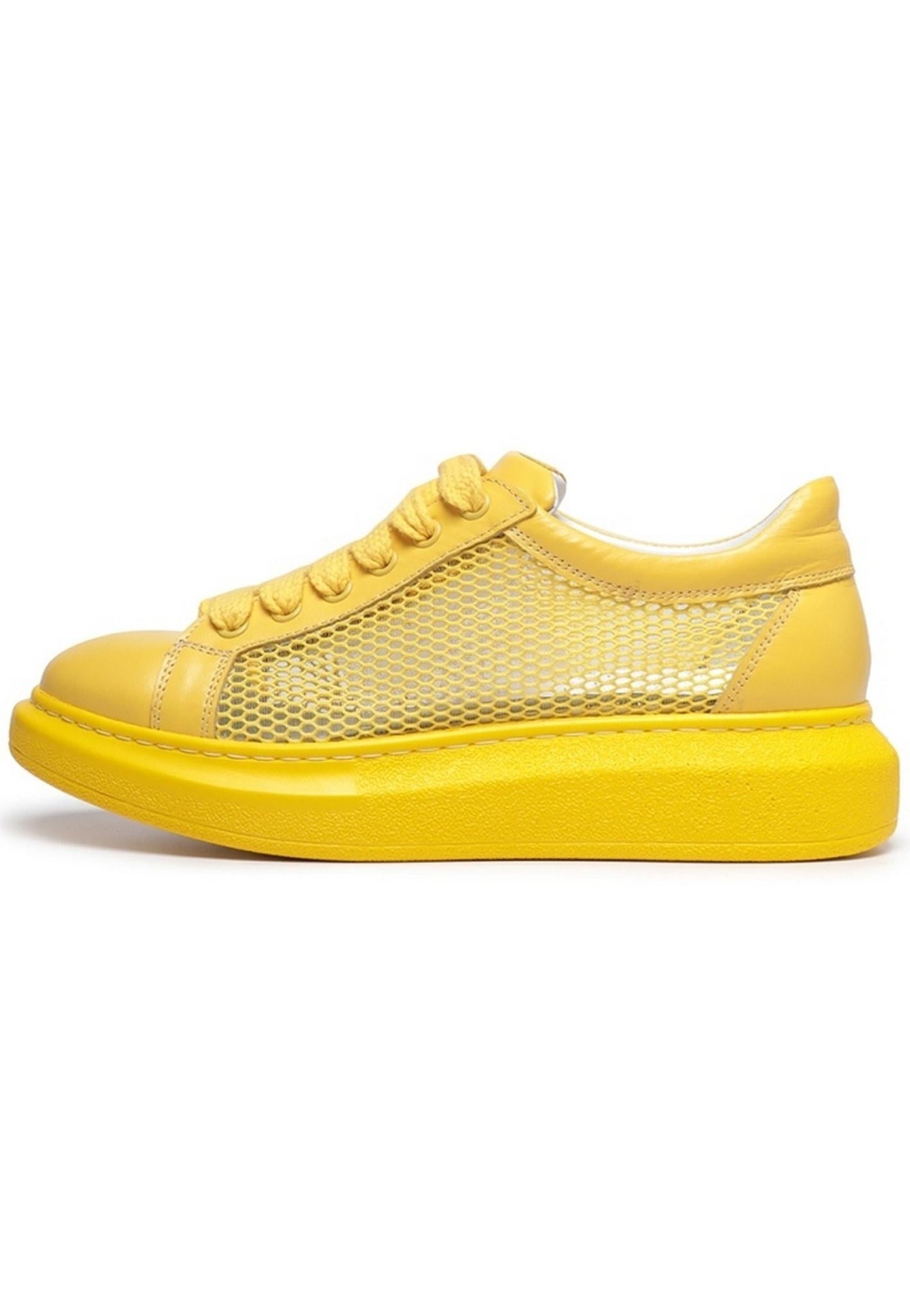 Mesh Panel Lace-Up Sneakers - Yellow