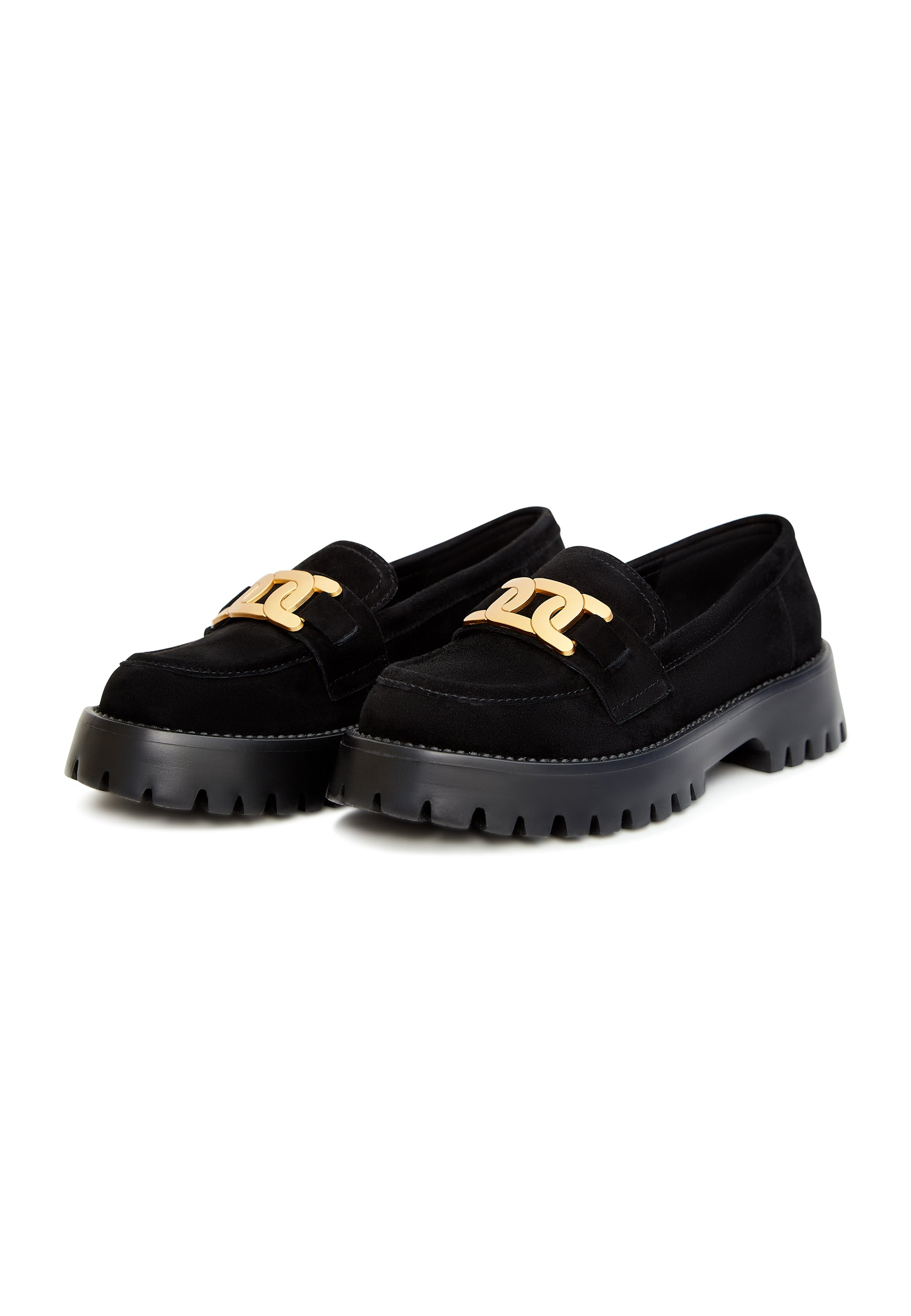 Suede Chunky Loafers with Golden Chain - Black