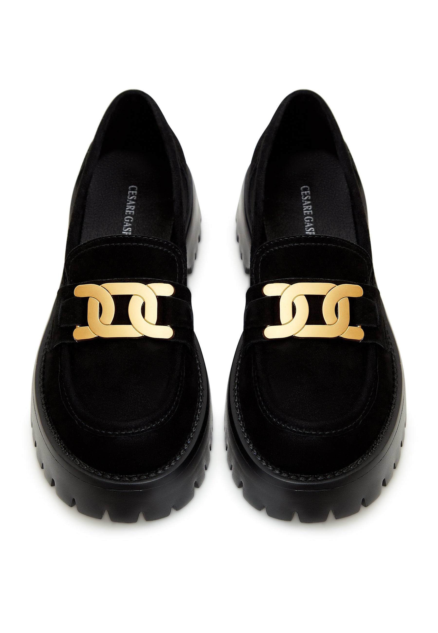 Suede Chunky Loafers with Golden Chain - Black