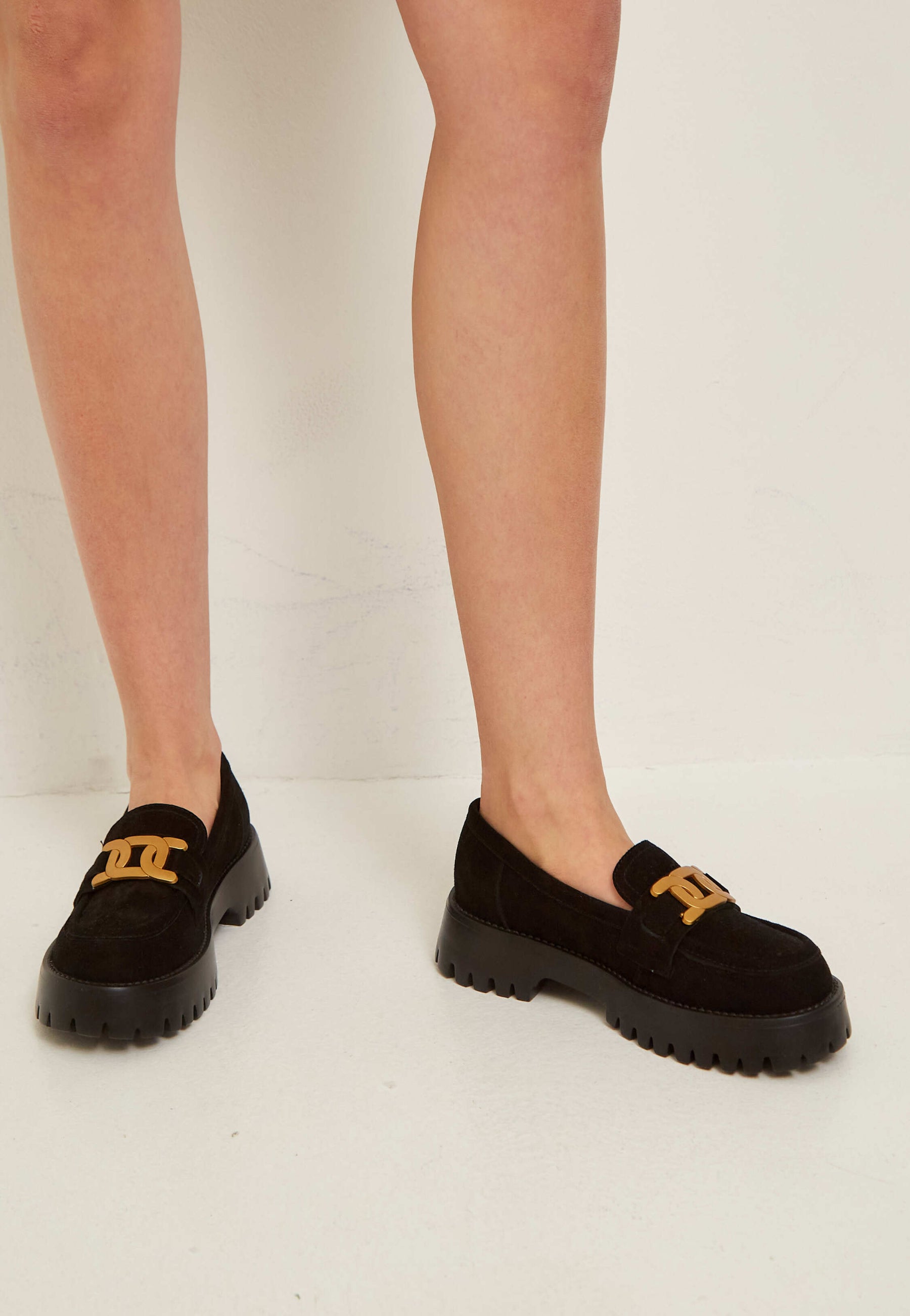 Suede Chunky Loafers with Golden Chain - Black