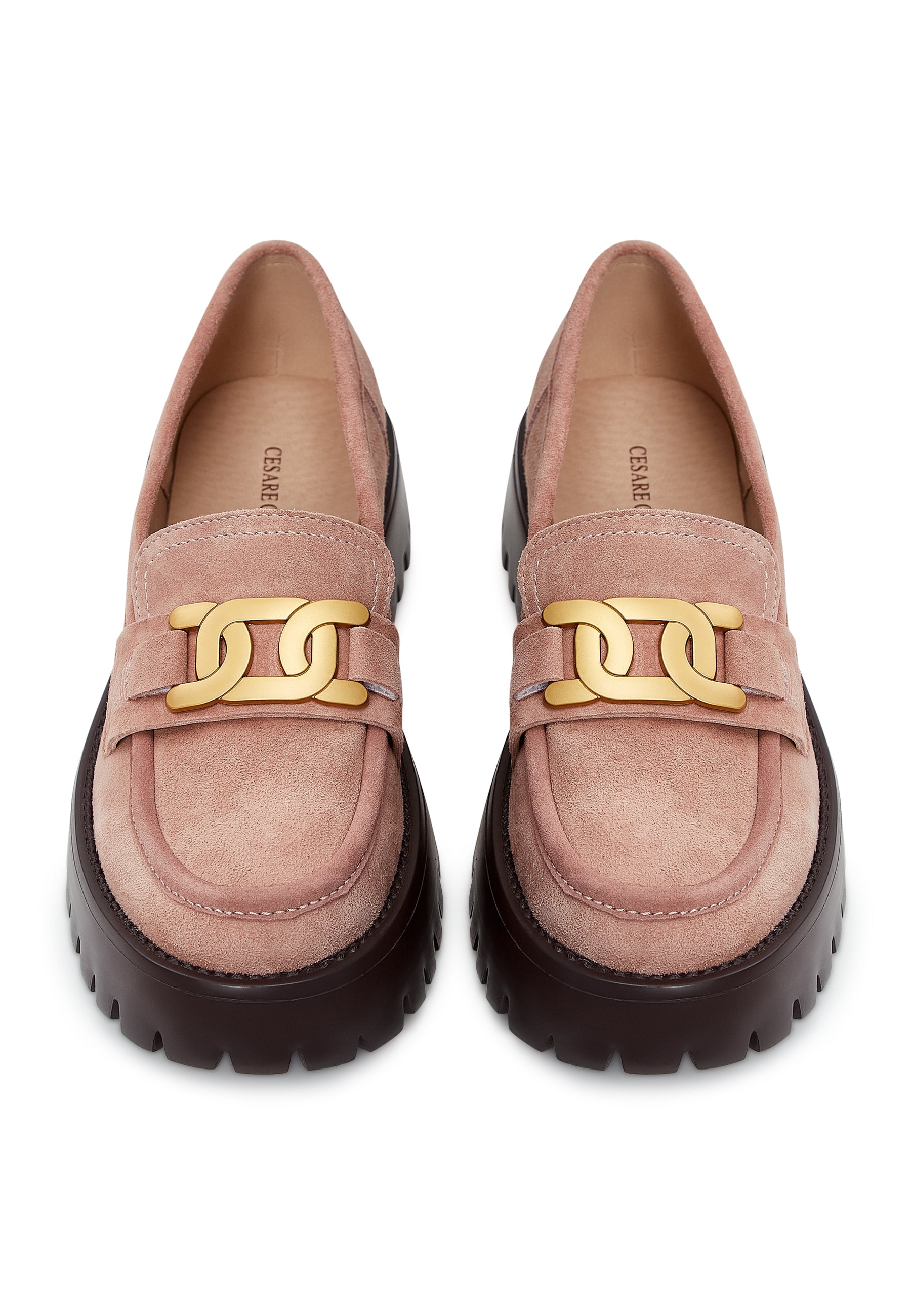 Suede Chunky Loafers with Golden Chain - Pink