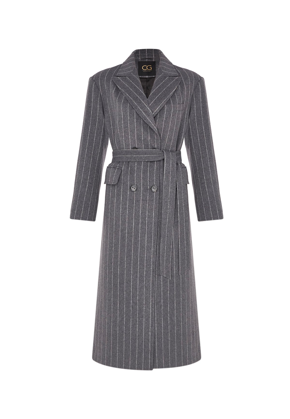 Pinstripe Wool Blend Long Coat