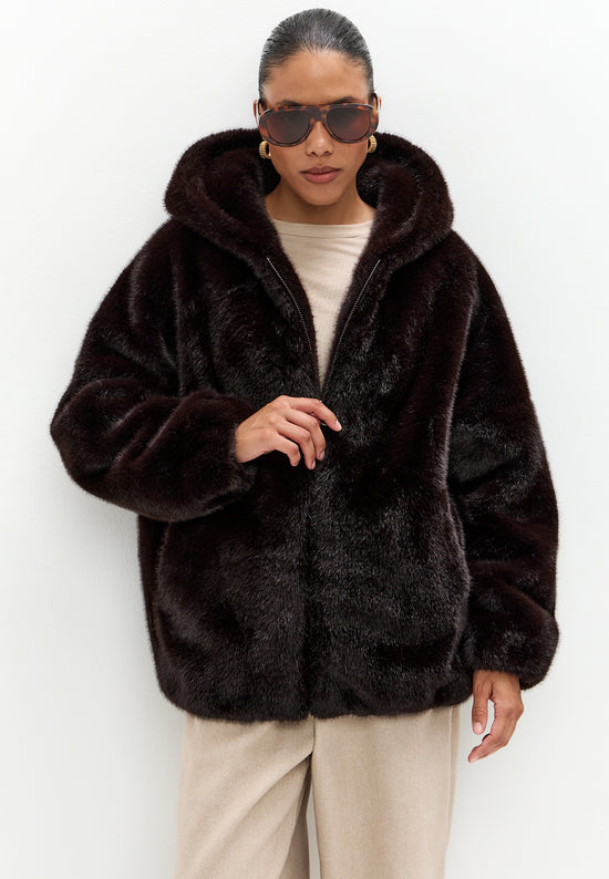 Veste à capuche en fausse fourrure Reyna – Chocolat