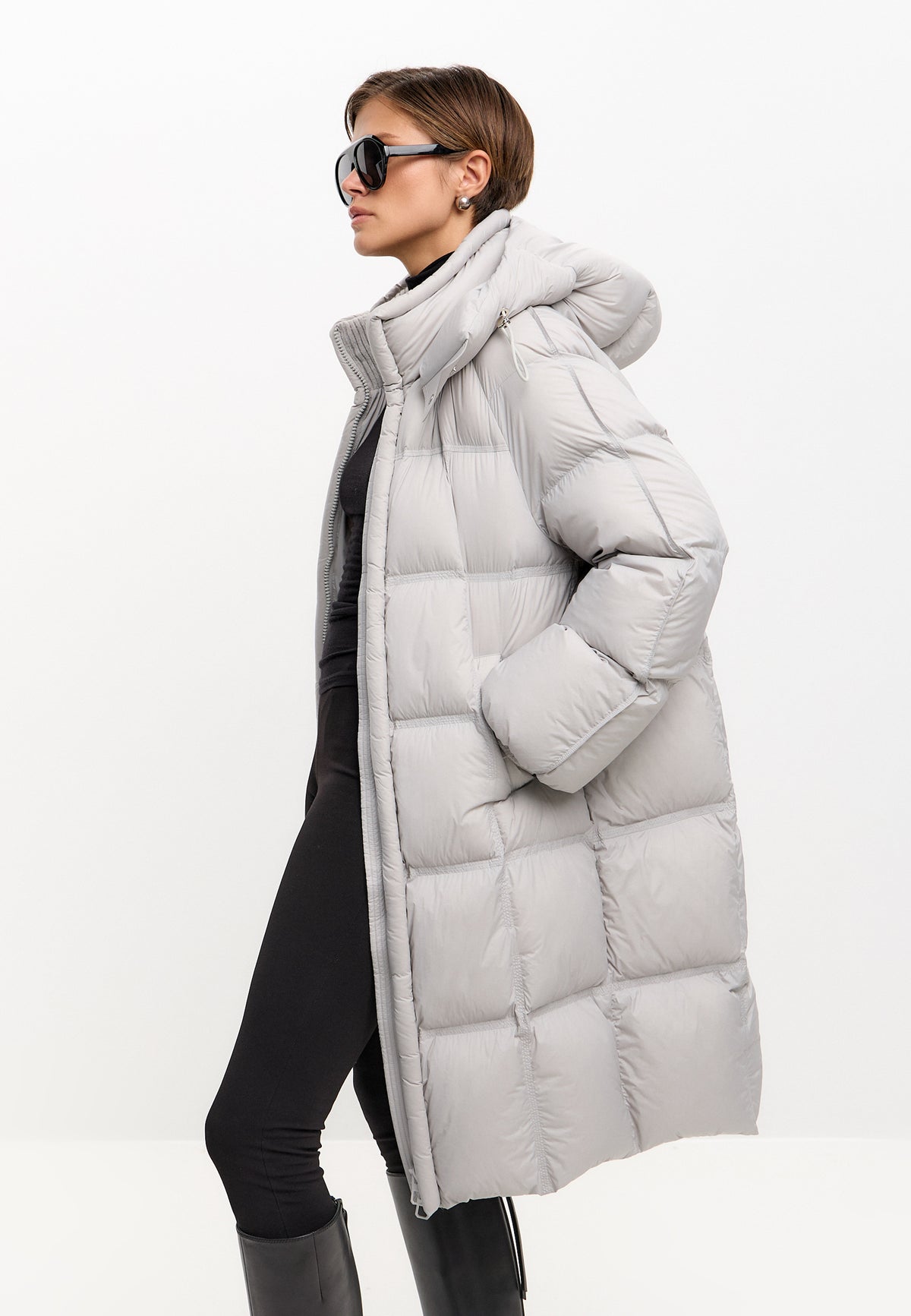 Long Quilted Down Puffer Coat - Grey