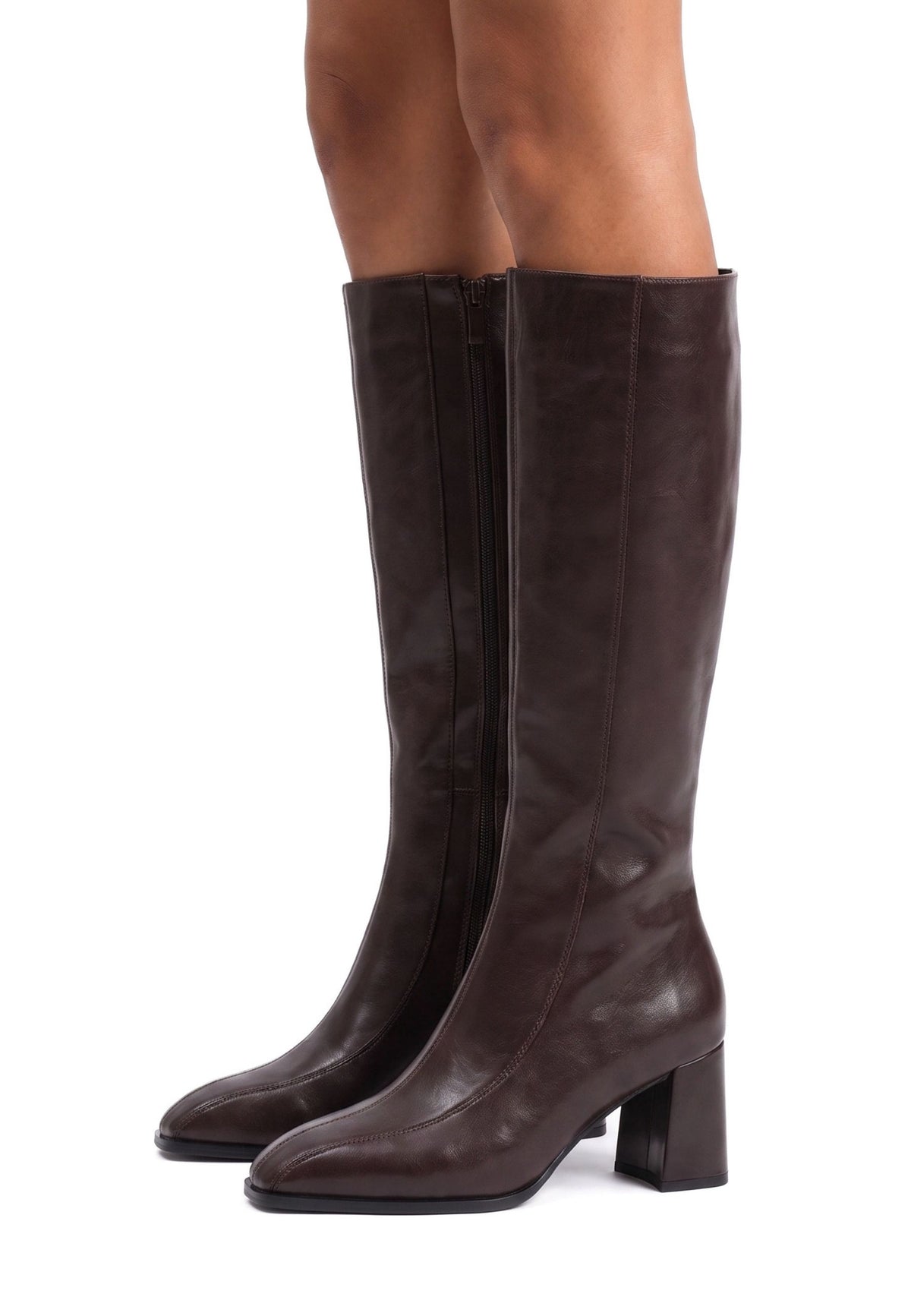 Bottes à talon bloc en cuir – Marron