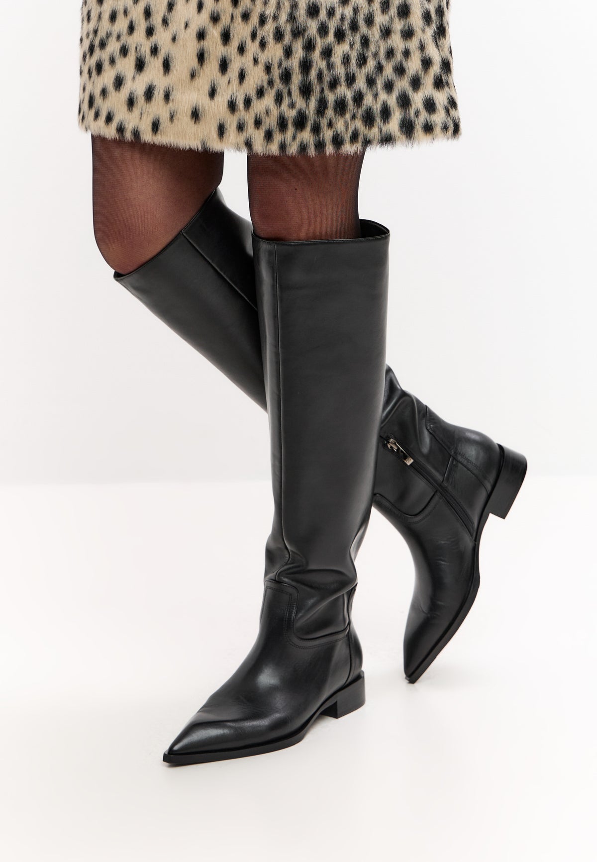 Leather Block Heel High Boots