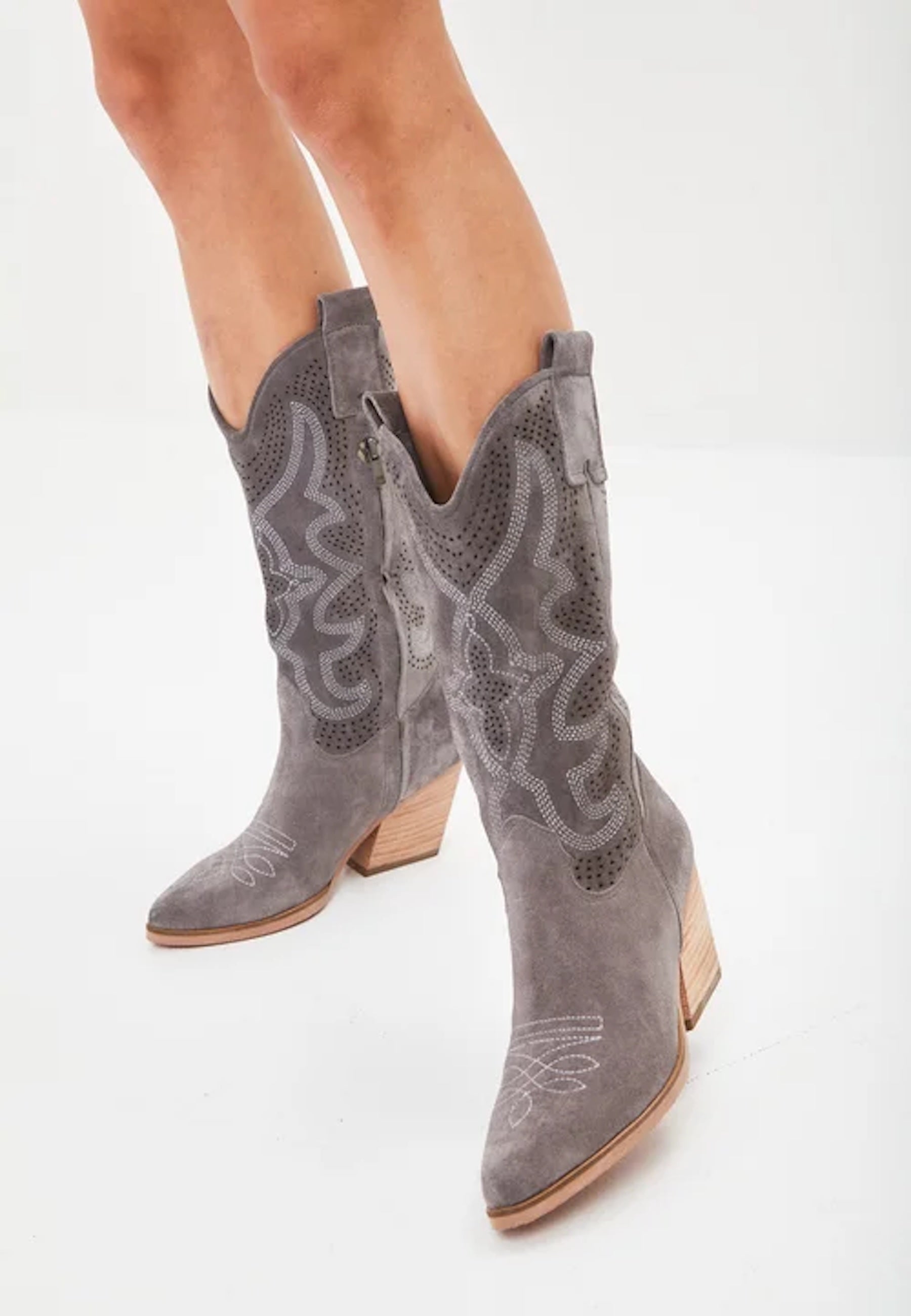 Embroidered Leather Cowboy Boots - Gray