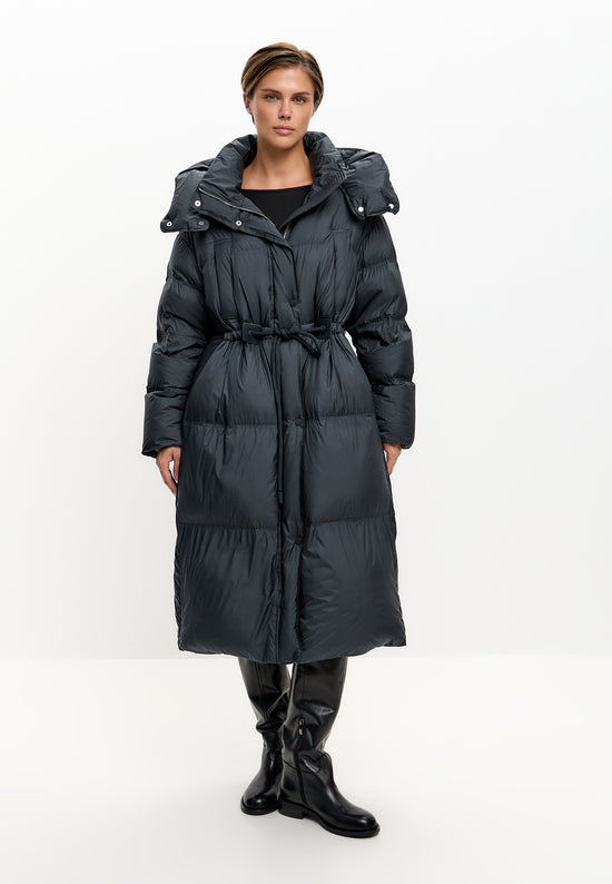 Oversize Daunen-Steppmantel mit Kapuze – Dunkelblau
