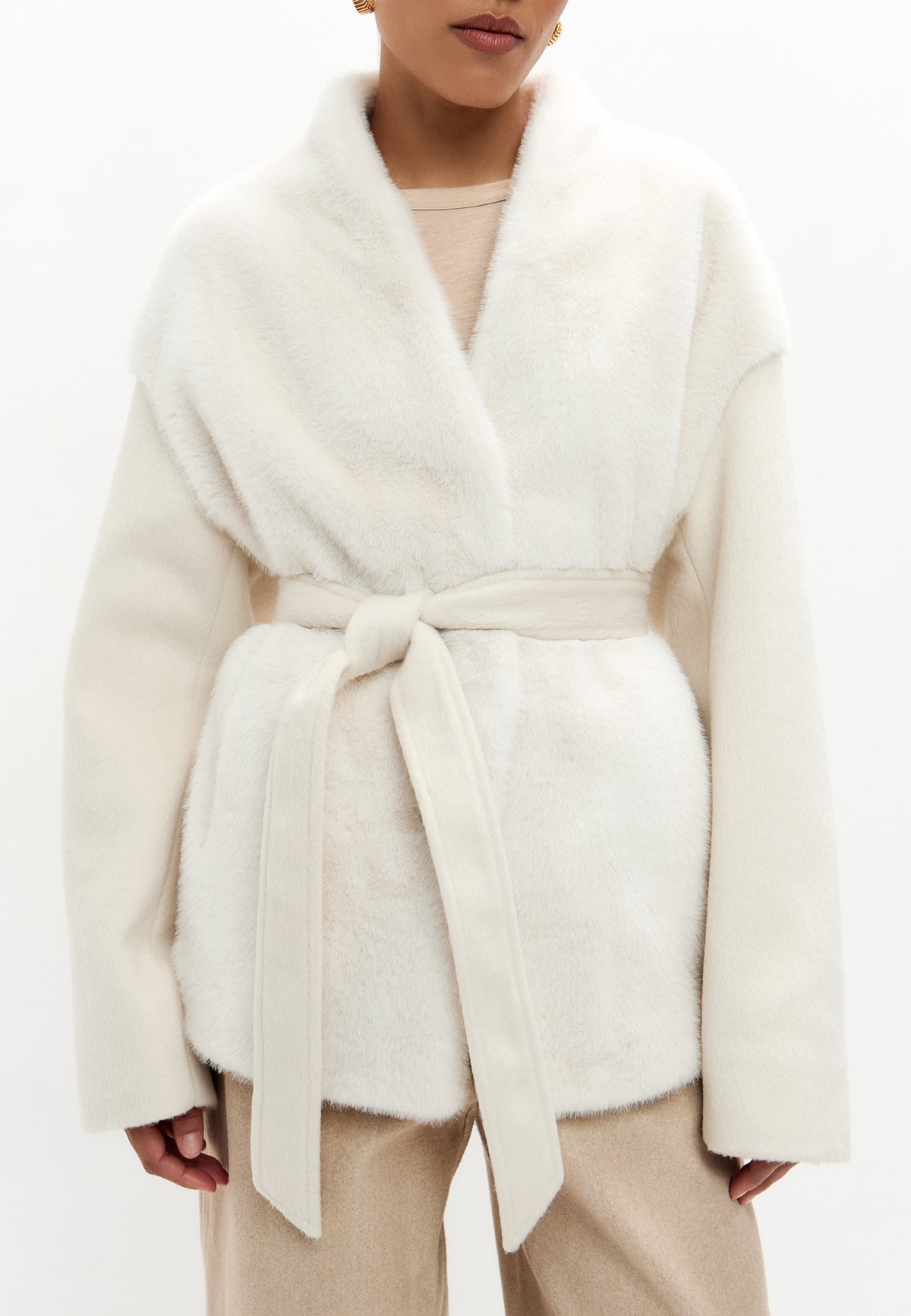 Two-Tone Faux Fur Belted Jacket - White